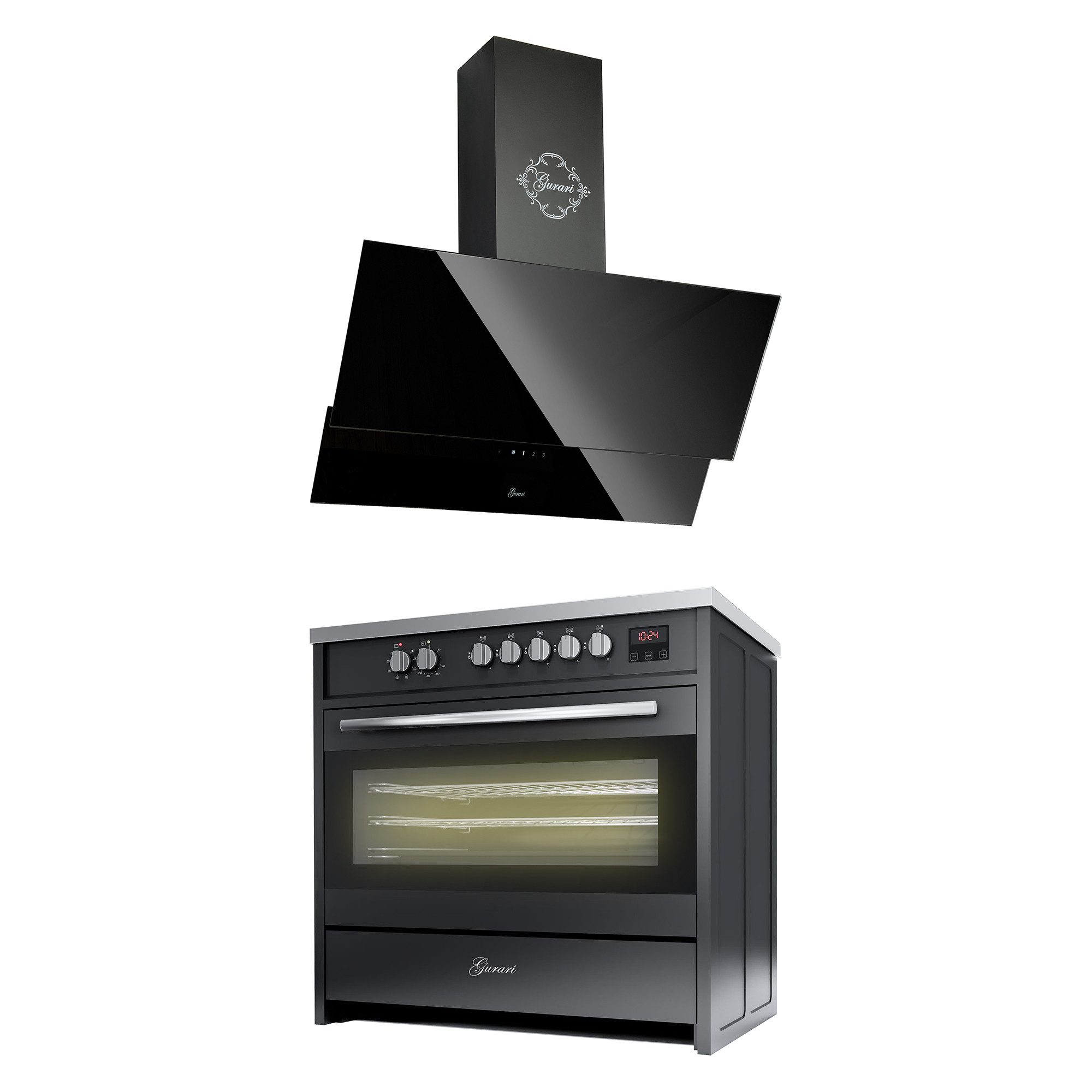 Induktions-Standherd Range Cooker 90 cm, Schwarz, 5 Kochzonen, 121L+Dunstabzugshaube 90 cm E 913 BL+GCH 268 BL 9 Prime.