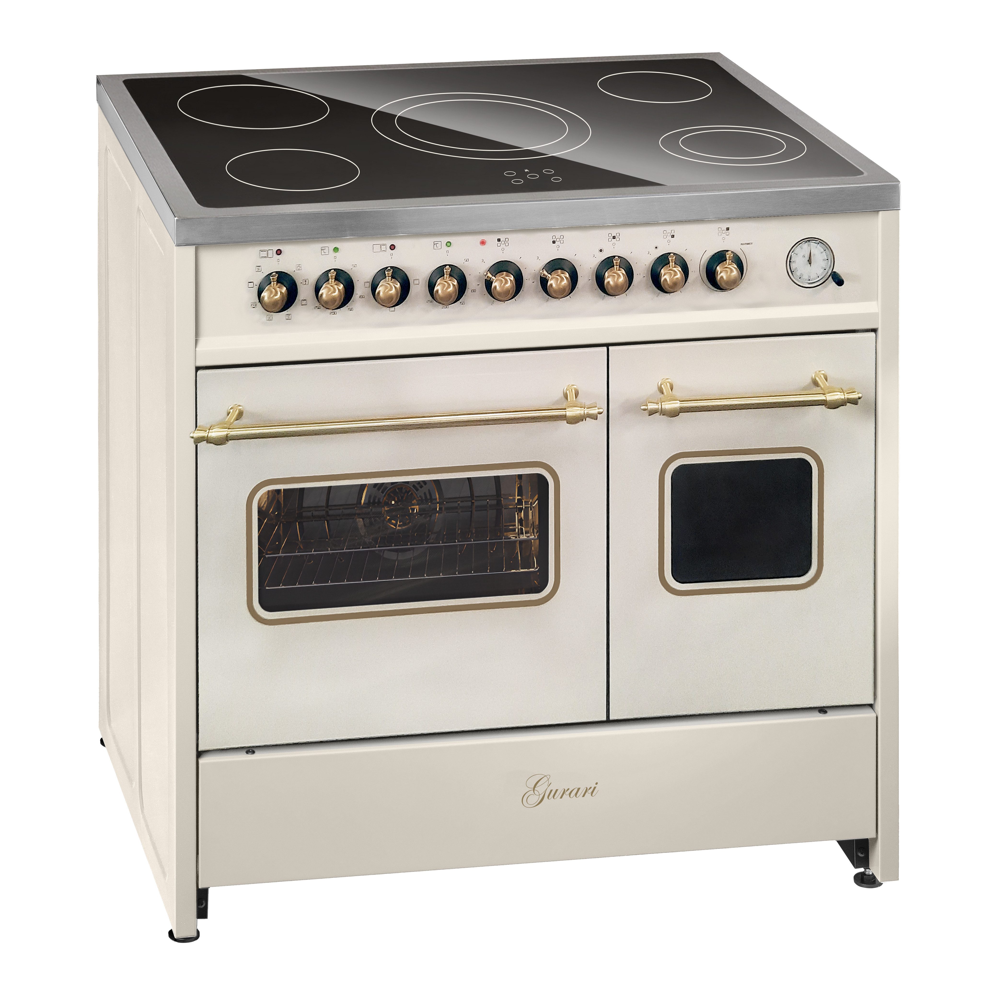 Elektro-Standherd Glaskeramik Herd 90 cm Creme Range Cooker Elektro Doppelbackofen mit Dunstabzugshaube 90 cm in Creme, Flachpaneel Wandhaube Motor 1000m³/h GCH E 912 DF Cr r+GCH 461 BG 9.