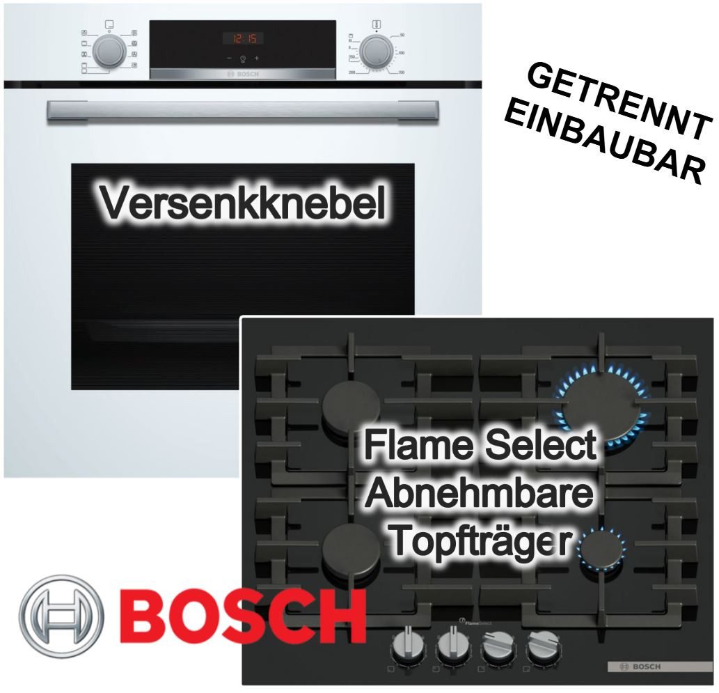 Backofen-Set Gaskochfeld 60cm Weiß Schwarz 71l 3D Heißluft FlameSelect EcoClean A+