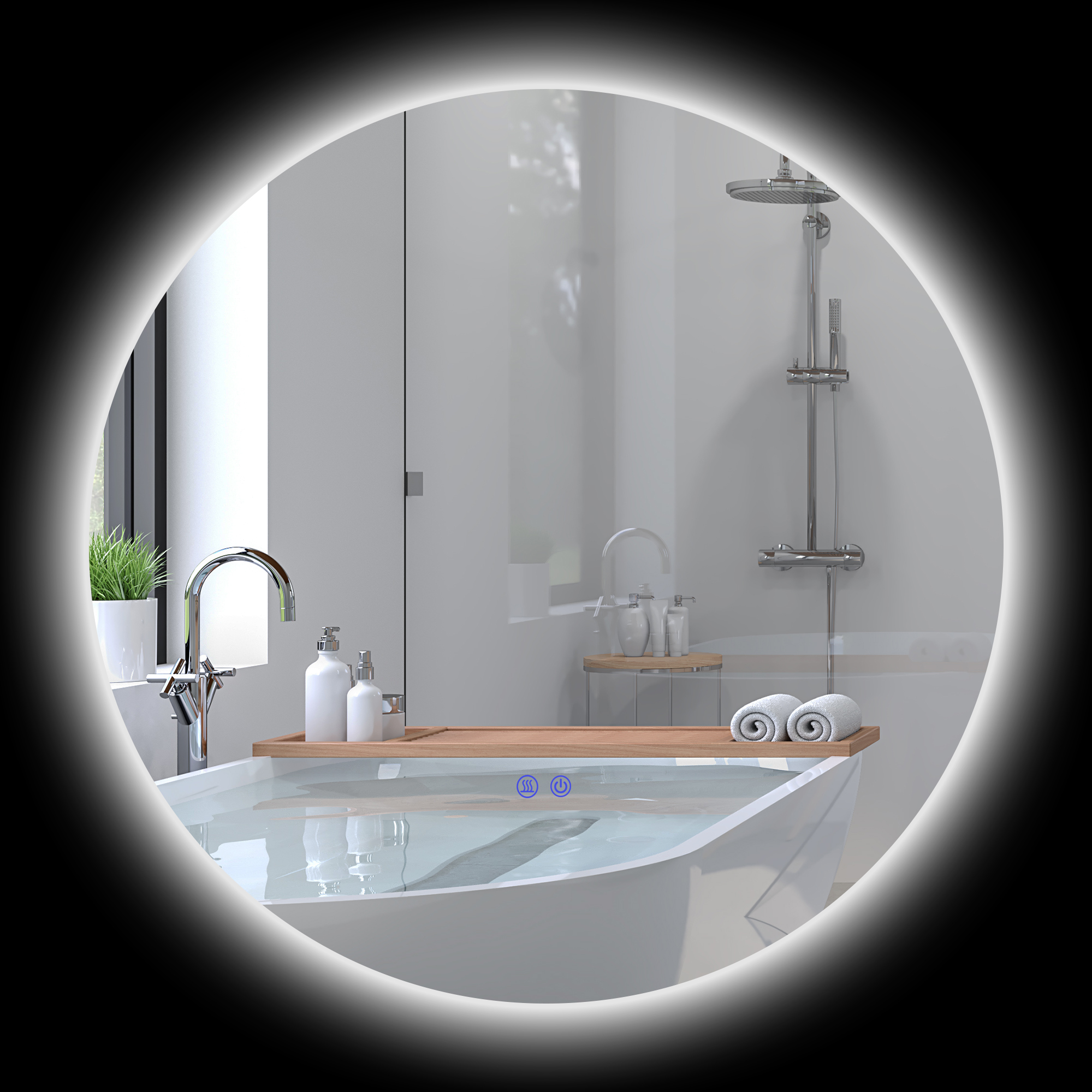 kleankin Runder LED-Wandspiegel, Touch-Schalter, Farbwechsel 3000K-6500K, Antibeschlag, Ø 70 cm, Weiß/Silber