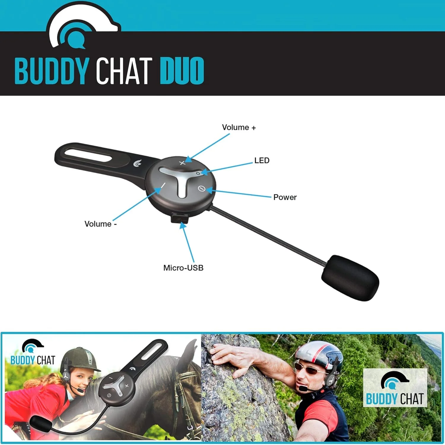 BuddyChat Duo (set van 2) Bluetooth Fiets Sport Ski Werk Intercom Helm Headset, Handsfree Portofoon, Intercomsysteem, DSP-ruisonderdrukking, bereik tot 1000m