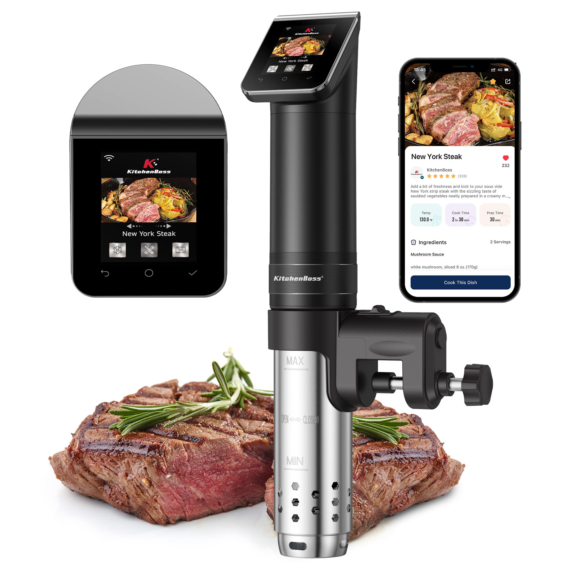 KitchenBoss G330 WLAN Sous Vide Präzisionskocher 90°C IPX7 wasserdicht Touchdisplay Tauchzirkulator 360° Timer