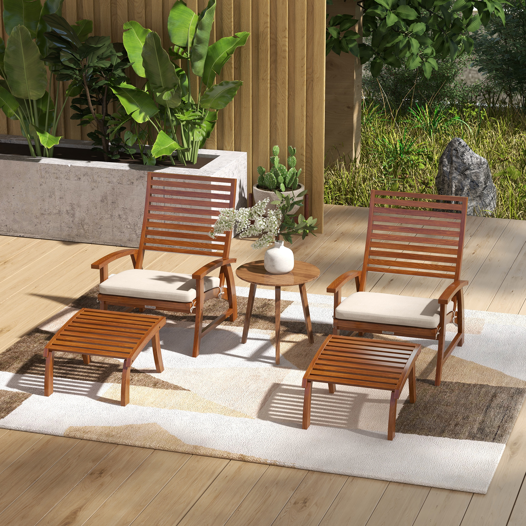 Outsunny Gartenstühle - Relaxstühle mit Fußhockern 2er Set - 4-teiliges Set aus Akazienholz mit cremefarbenen Kissen