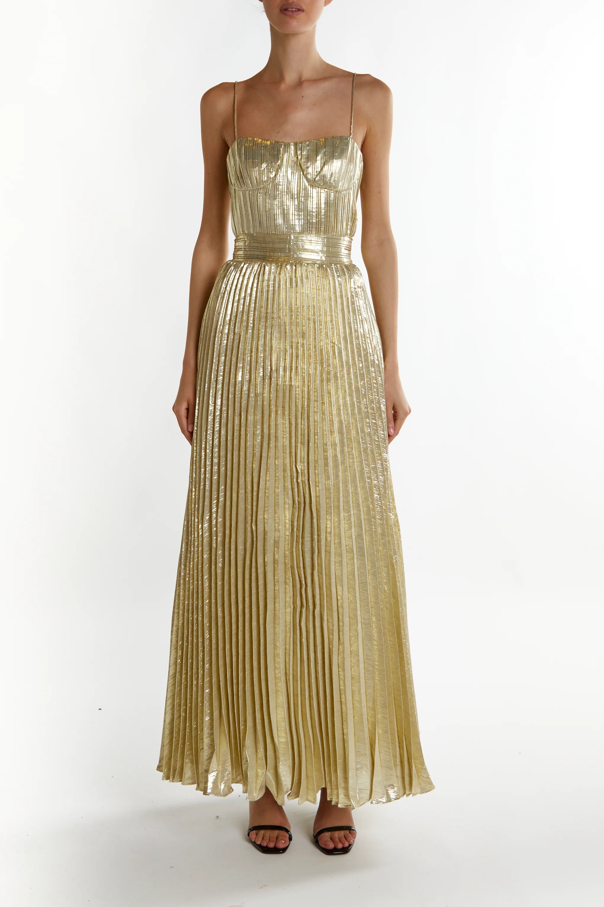 Kate Light-Gold Crinkle Pleated Strappy Maxi Dress