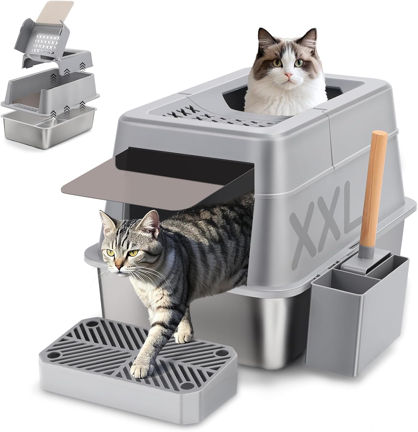 Cat Litter Tray Stainless Steel Closed XXL 110° Flip-Cover Design Large Cat Litter Tray 60 x 42 x 44 cm Steel Litter Box with Lid 38L Capacity Leak Proof and Easy Clean