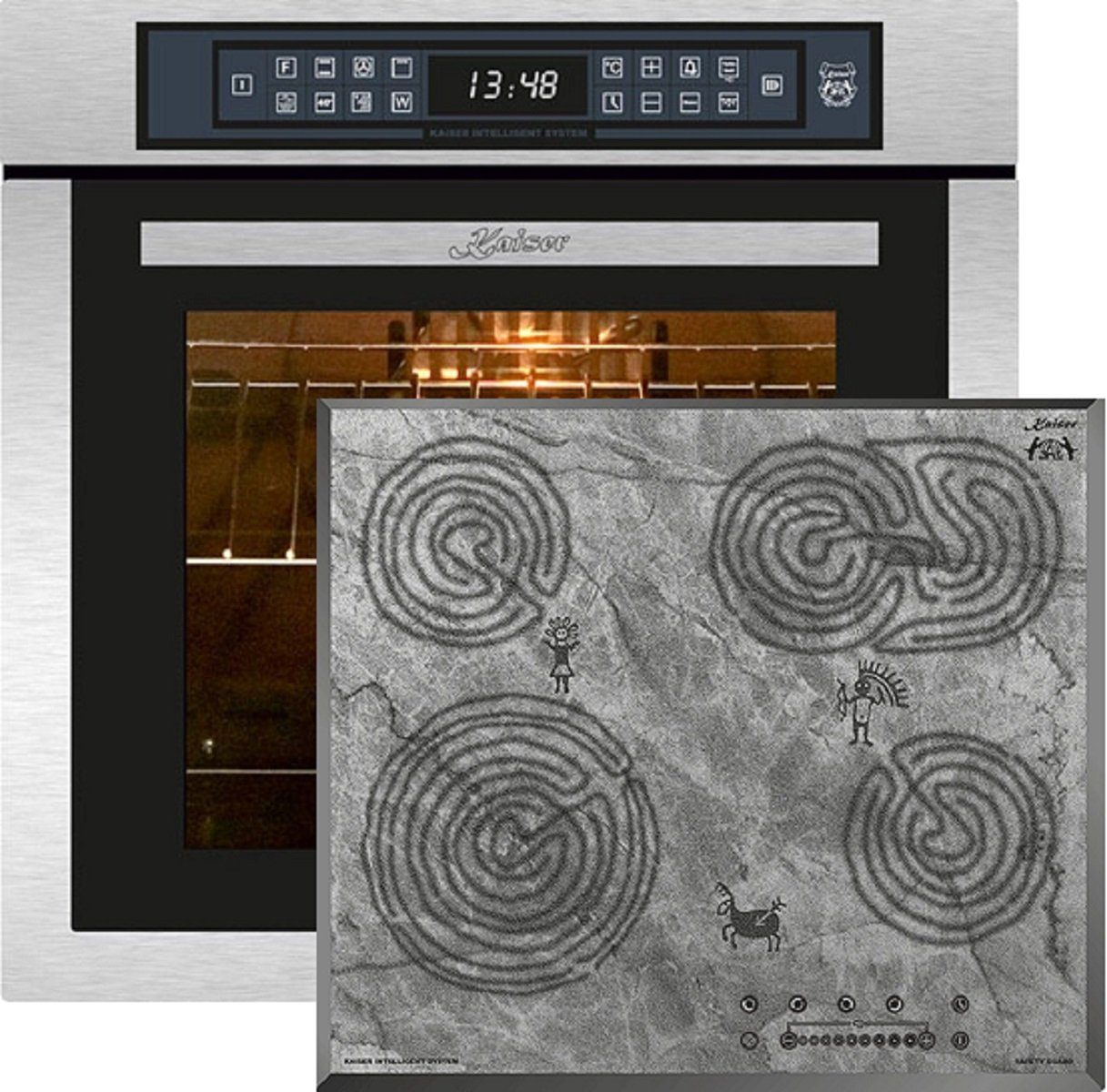 Backofen-Set Herd Set Autark Einbau Elektrobackofen,Edelstahl,86 L 15 Fkt., LED-Display+Glaskeramikkochfeld mit Motiv, KCT 6715 F Ära, 4 Kochzonen, 60cm EH 6306 N R+KCT 6715 F Ära.