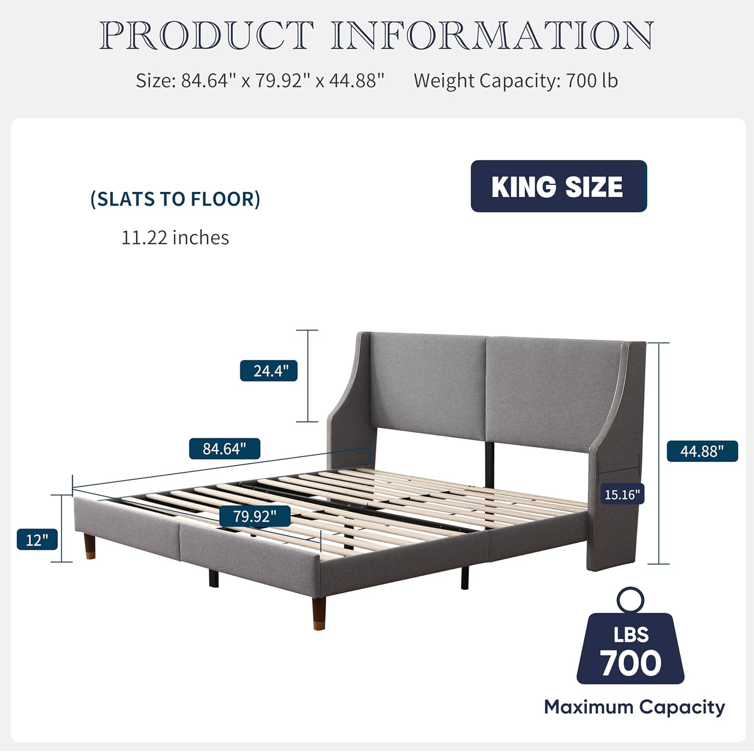 King Size Upholstered Platform Bed Frame with Wingback Headboard, Linen Fabric & Wooden Slats Support, Modern Golden PVC Material Edge for Bedroom,No Box Spring Needed, Easy to Assemble, Grey
