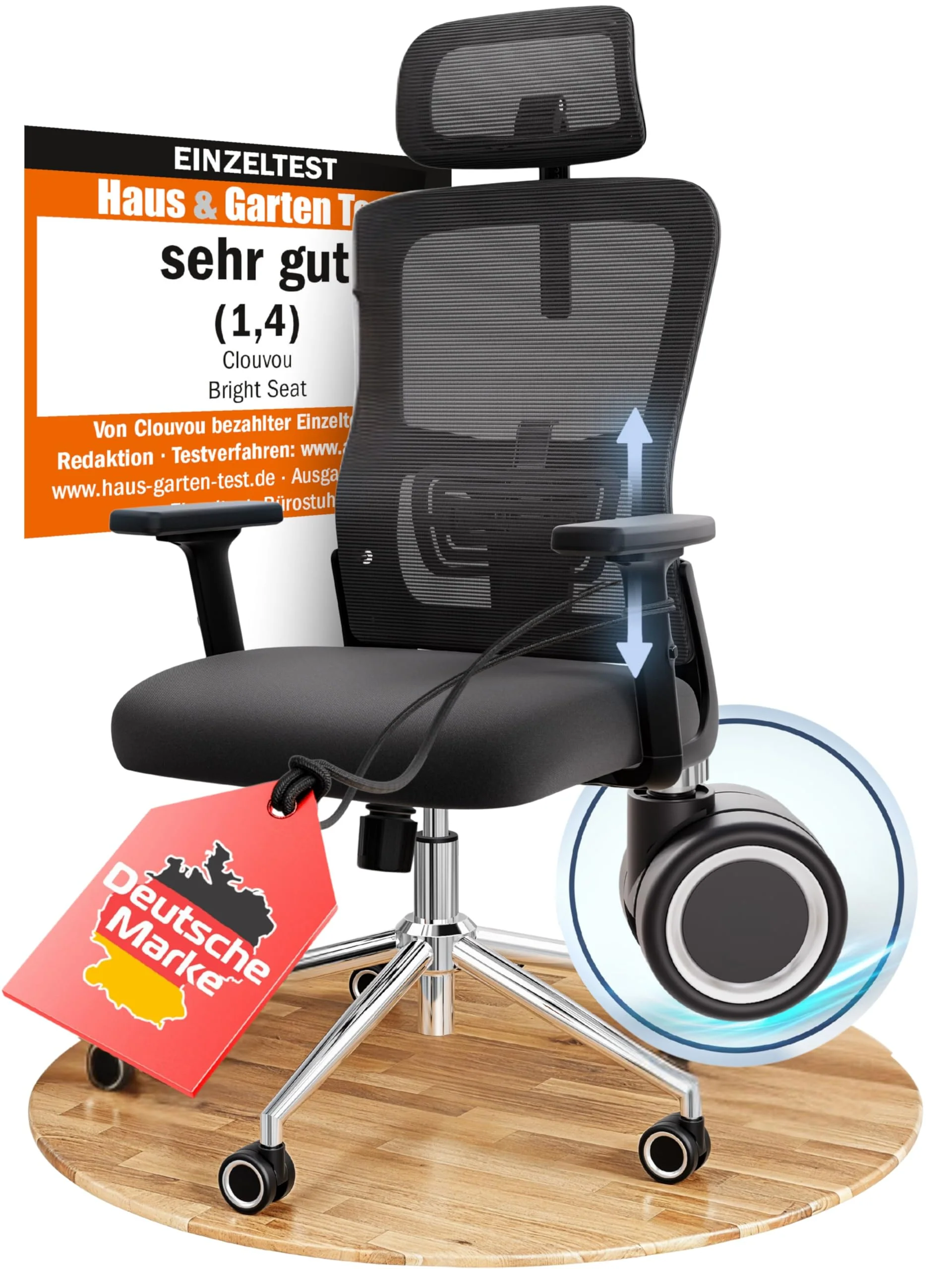 CLOUVOU Ergonomischer Bürostuhl mit verstellbaren Armlehnen und Kopfstütze