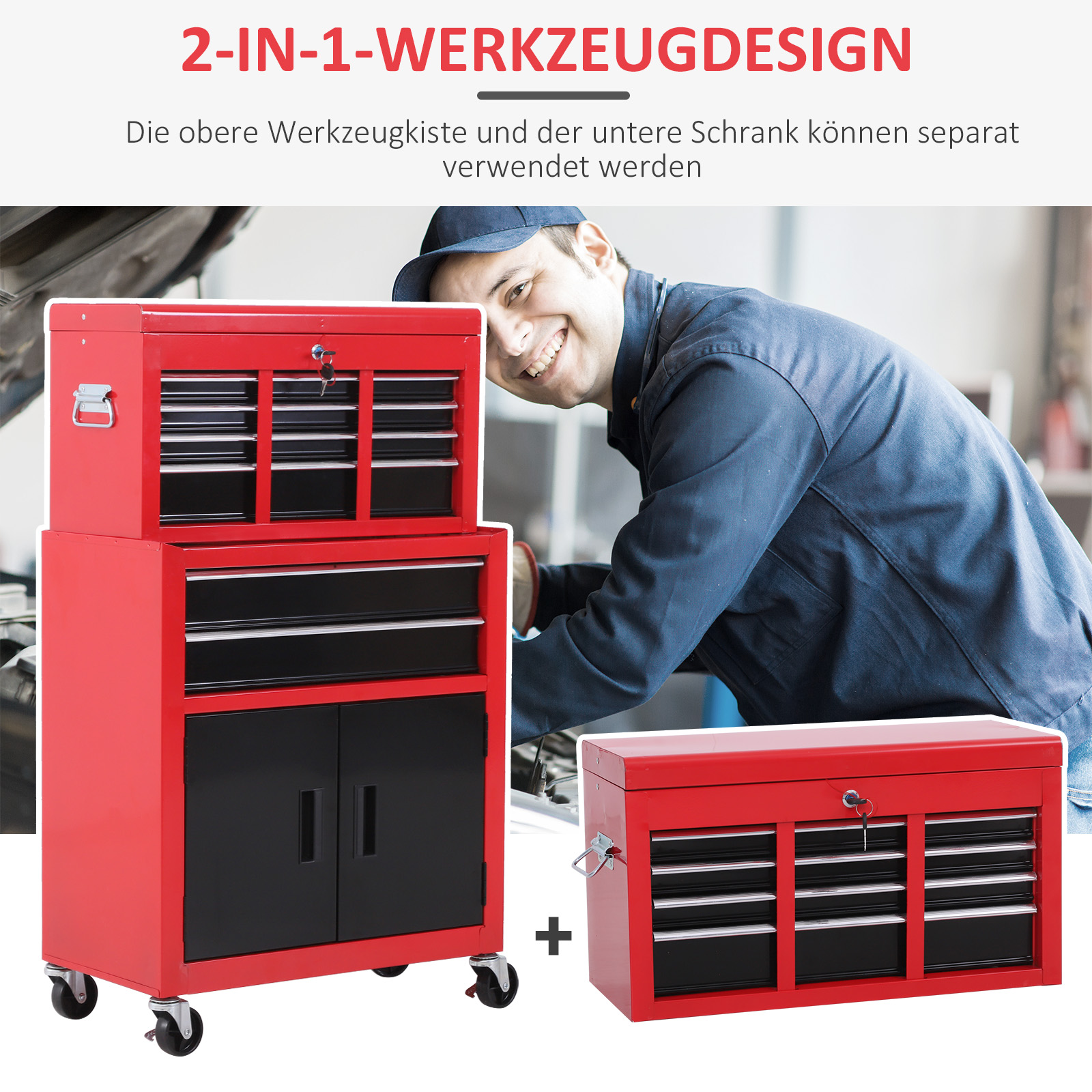 Gereedschapskast met Gereedschapskist, Op Wielen, 6 Laden, Metaal, Rood