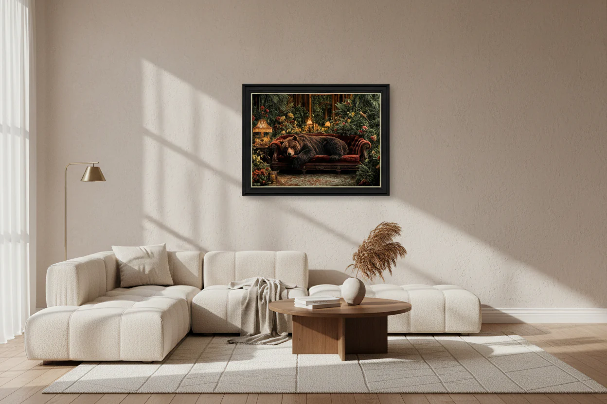 Lounging Bear on Scarlet Sofa Art Print