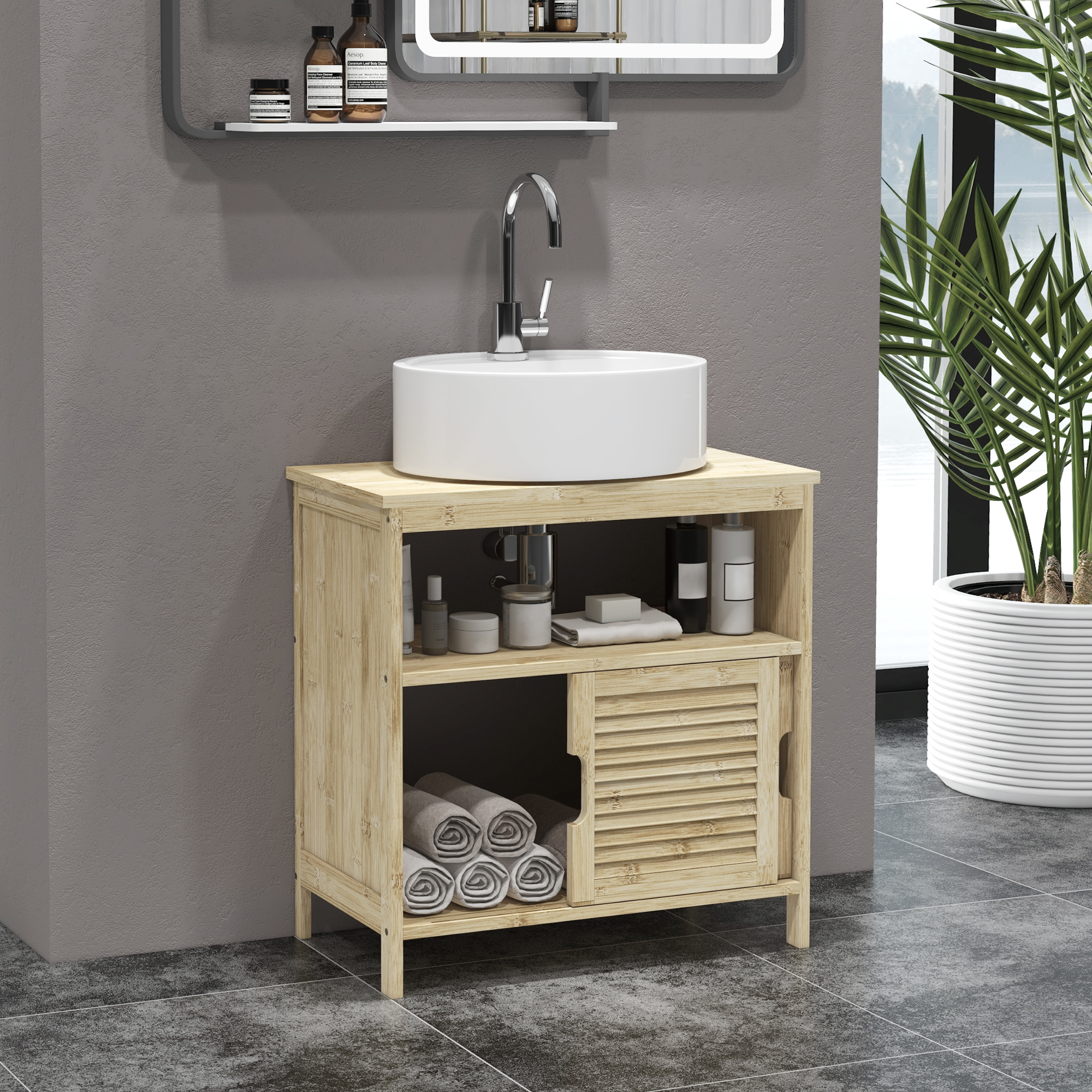 HOMCOM Bambus Waschtischunterschrank, Badezimmerschrank mit 2 Türen, 60 x 30 x 60 cm, Natürliches Holz