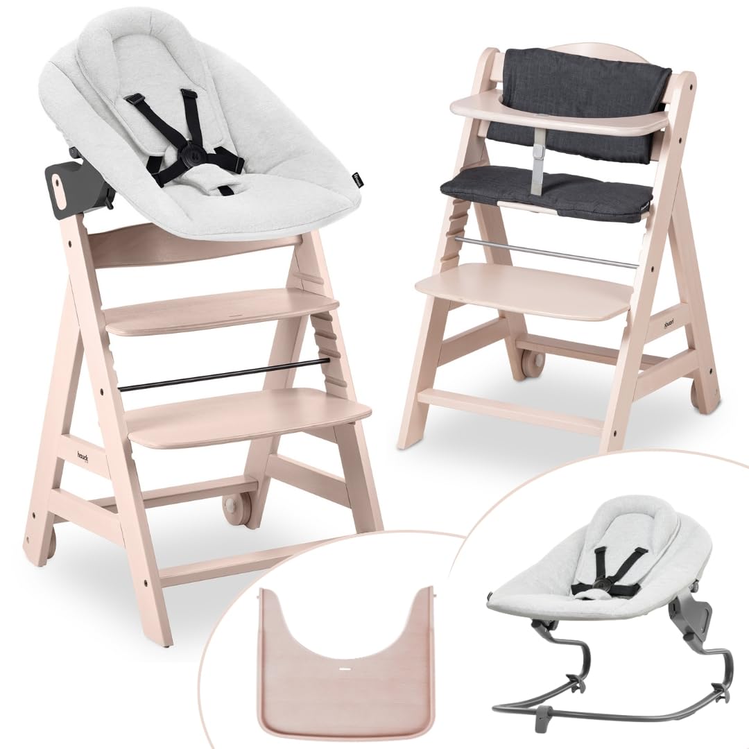 hauck Hochstuhl Beta+ Newborn Set Premium Dark Grey - Babyhochstuhl Set ab Geburt mit Neugeborenen Aufsatz Bouncer, Sitzpolster und Essbrett - Dark Grey