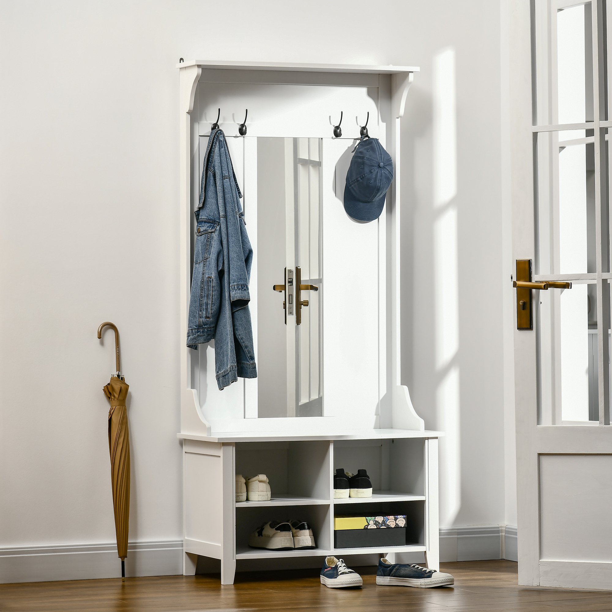 HOMCOM Garderobenständer mit Sitzbank Garderobenset Flurgaderobe 3-in-1 mit Schuhschrank Wandspiegel 4 Haken Weiß 80 x 40 x 170 cm