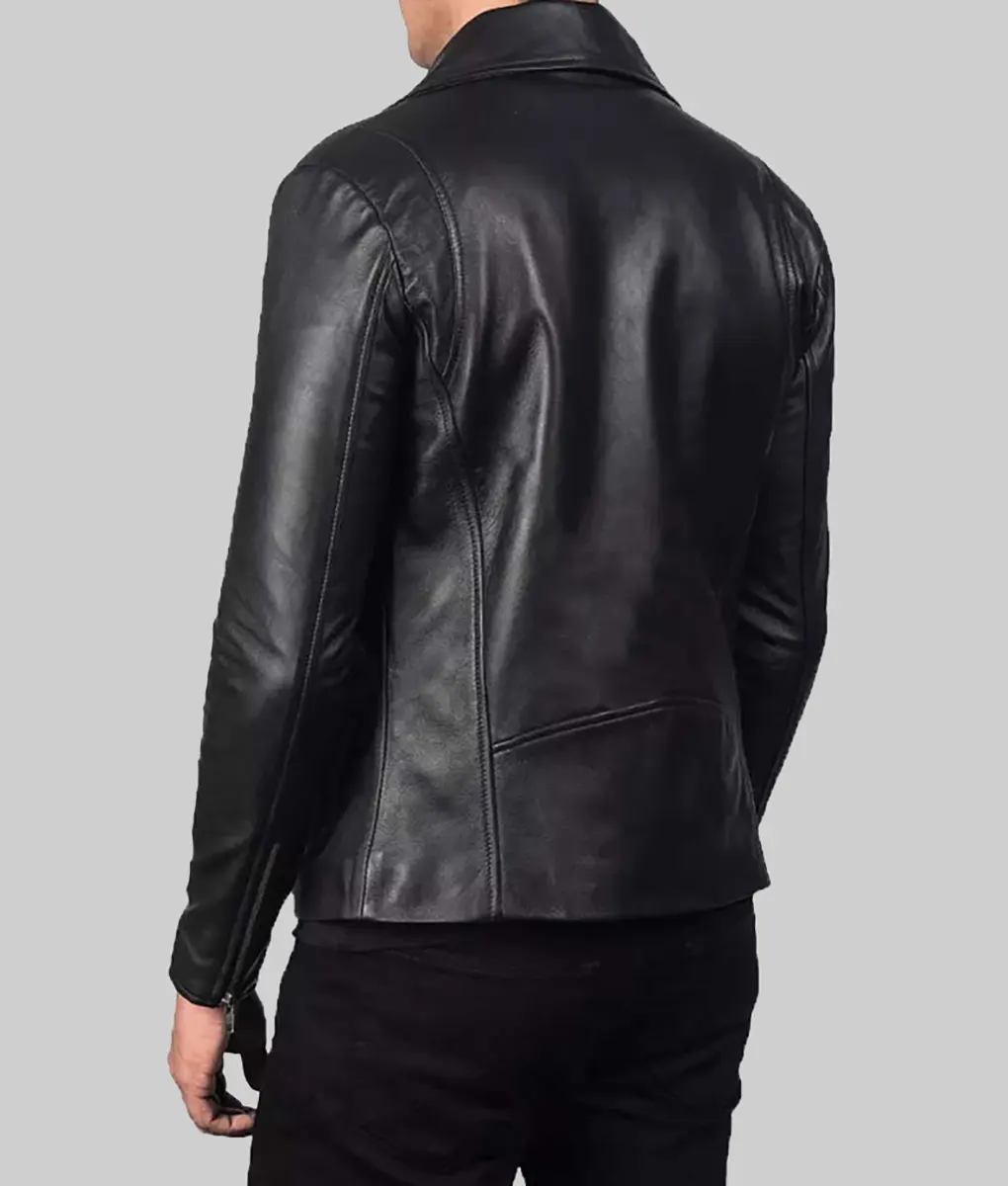 Men Black Asymmetrical Biker Leather Jacket
