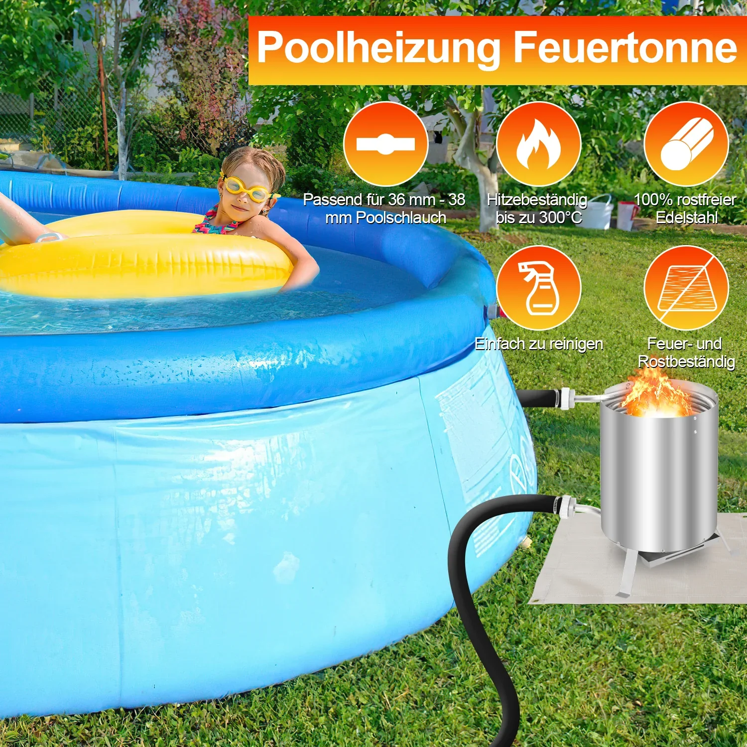 Sonnewelt Poolheizung Feuertonne mit Heizspirale Edelstahl