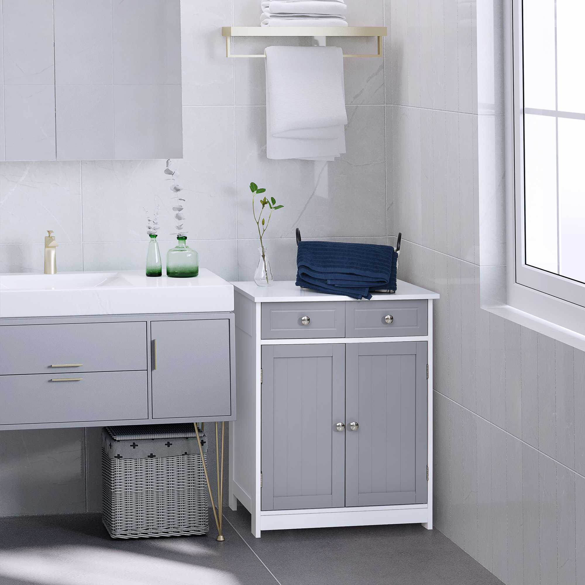 kleankin Badezimmerschrank mit Standfuß, Badezimmerschrank 2 Türen 2 Schubladen 60 x 30 x 75 cm Grau und Weiß