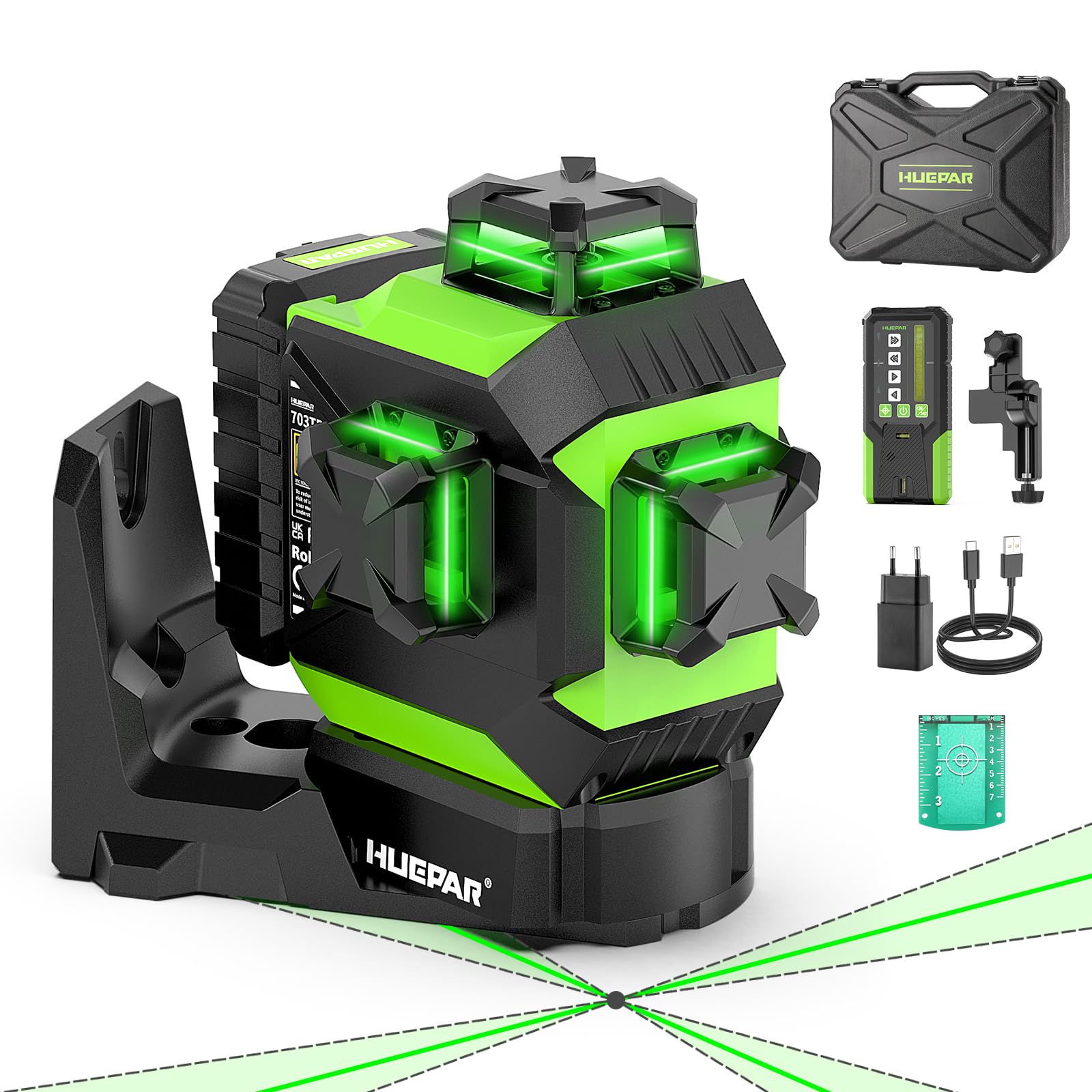 Kreuzlinienlaser 360 Grad mit motorischer Basis, Fernbedienungsempfänger und 5200-mAh-Akku