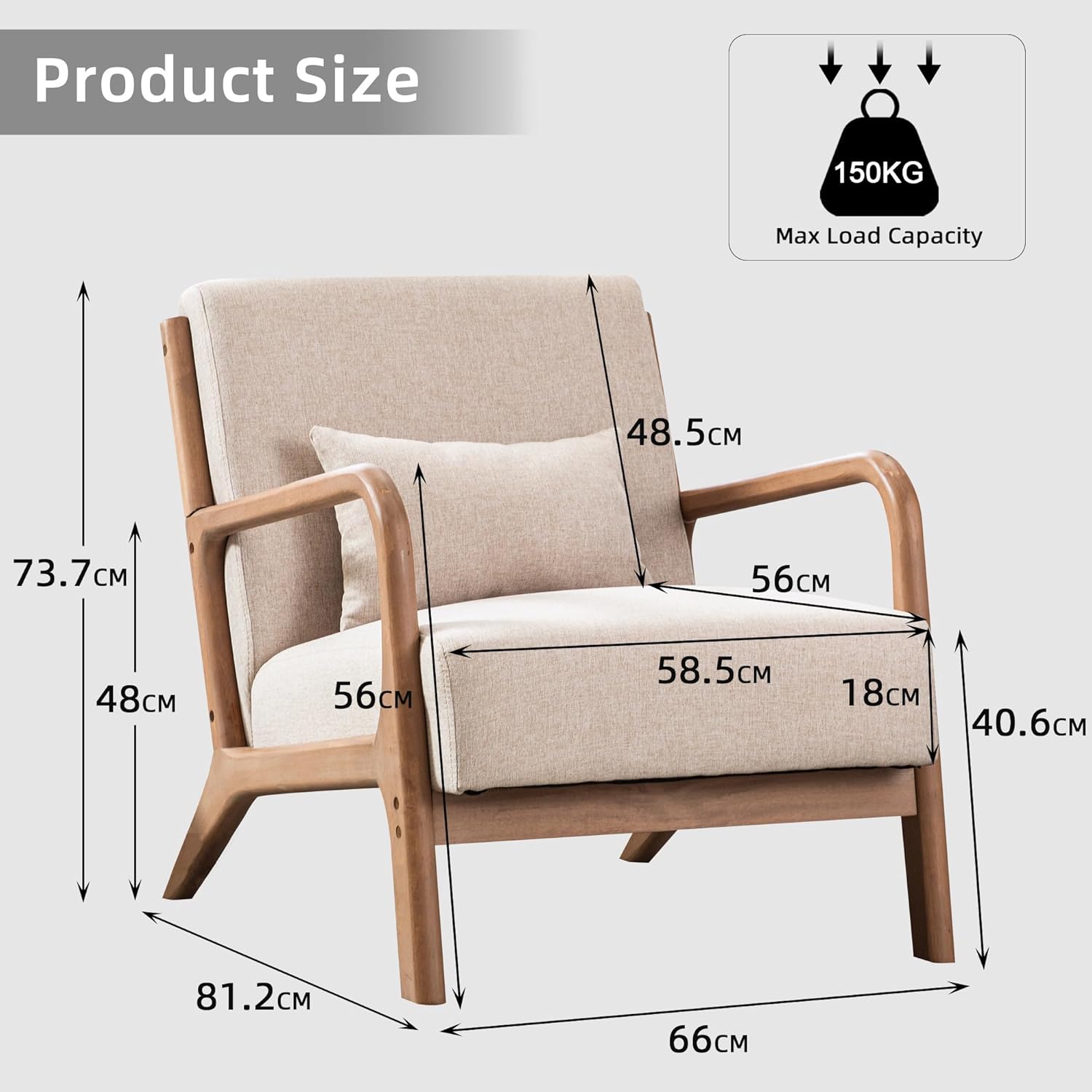 EBELLO Accent Sessel mit Kissen, Mid-Century Moderner Polstersessel für Wohnzimmer, Ohrensessel mit Holzrahmen & Armlehnen, Lesesessel bis 150kg belastbar, Beige