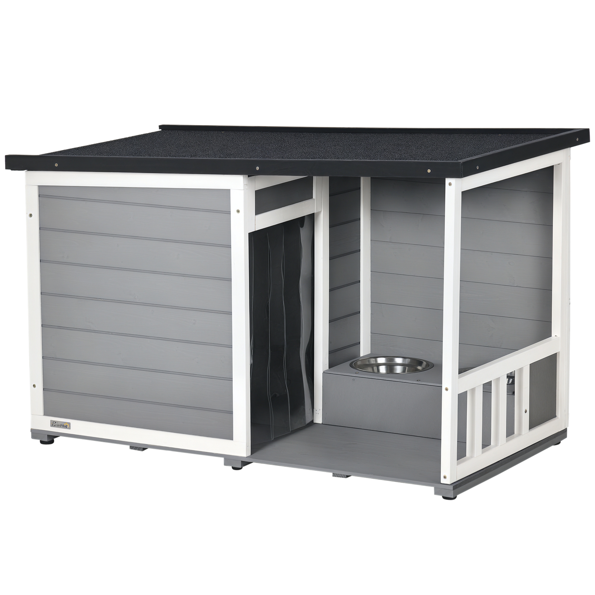 PawHut Hundehütte aus Massivholz, mit 2 Fressnäpfen, Veranda, wetterbeständig, 103 cm x 62 cm x 66 cm, Grau + Weiß