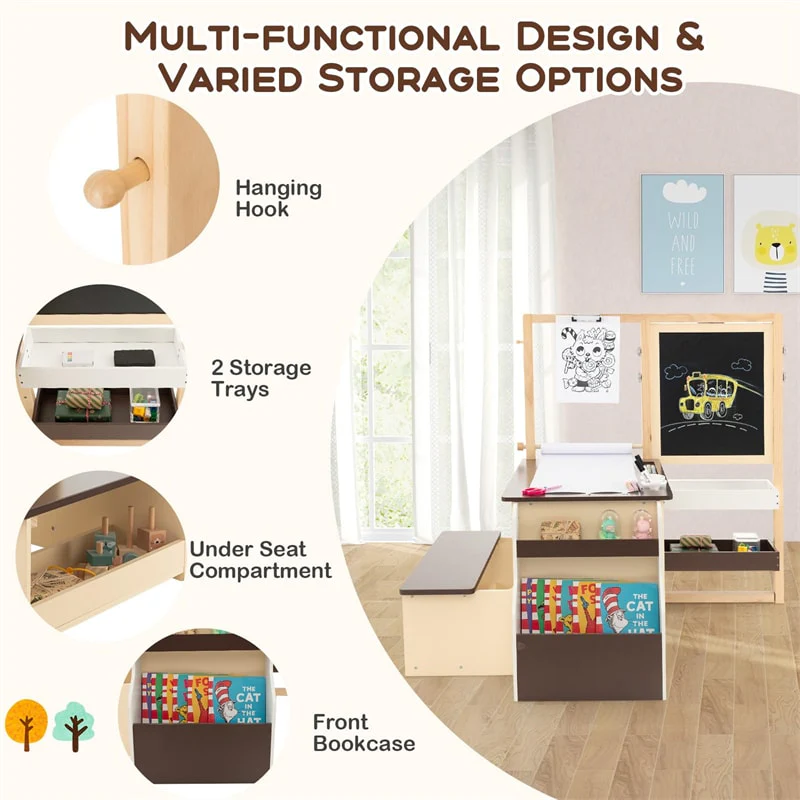Kids Wooden Art Center Easel with Adjustable Double-Sided Blackboard & Whiteboard, Paper Roll, Toddler Art Table & Chair Set with Storage