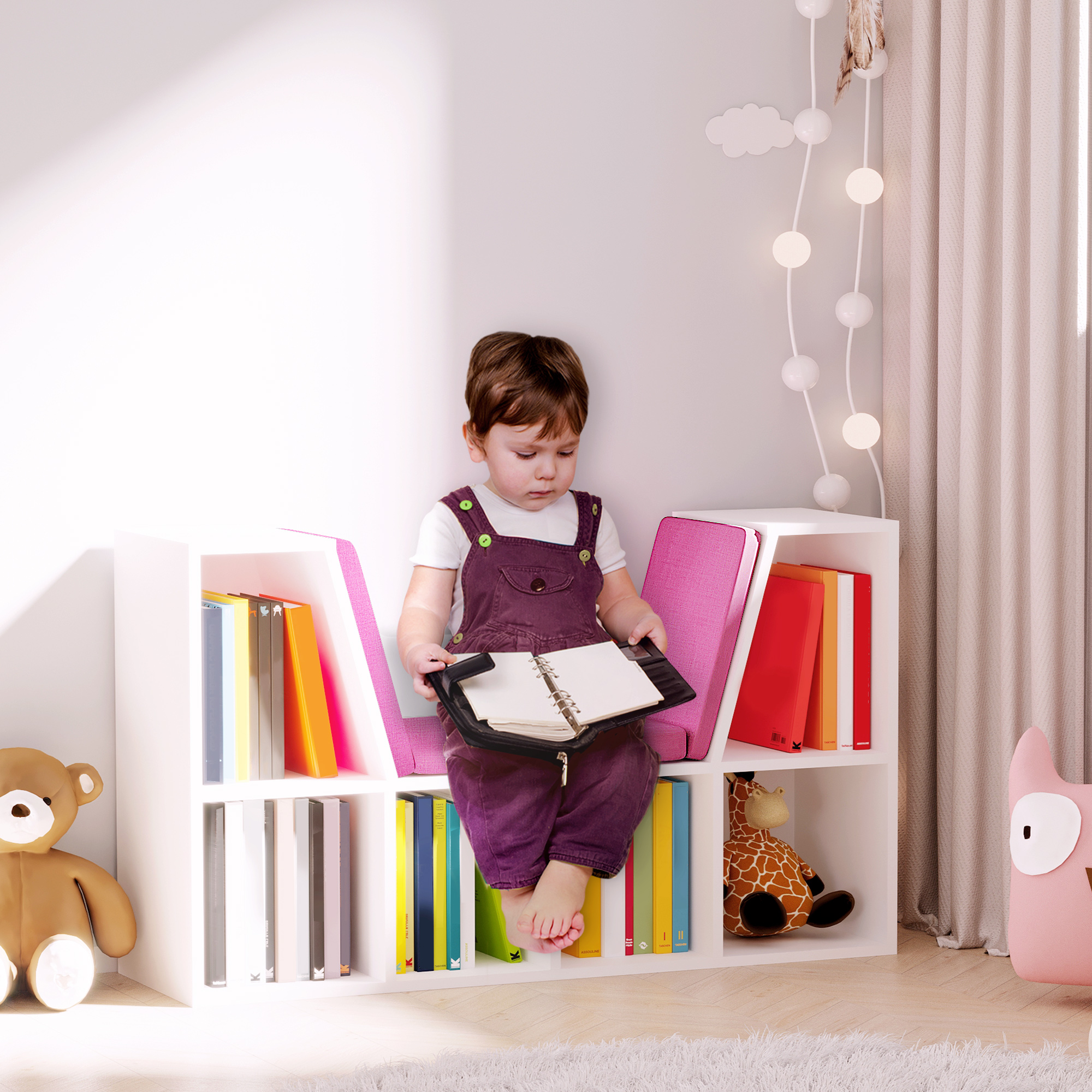 HOMCOM Bibliothek Bank 2 in 1 Design Zeitgenössisch 6 Fächer 3 Kissen inklusive 102L x 30B x 61H cm Weiß Rosa