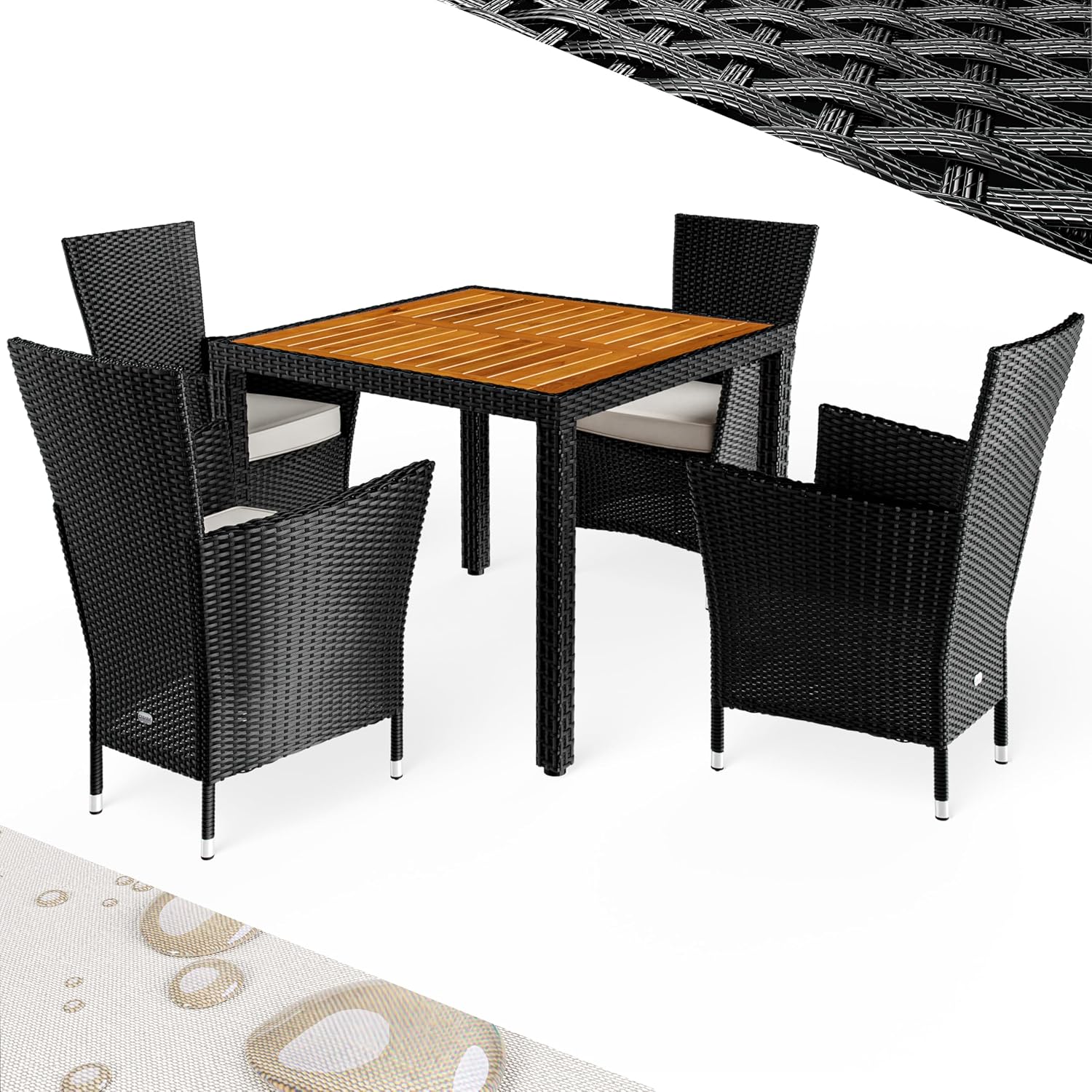 Casaria Gartenmöbel-Set, 7 cm, Schwarz/Braun/Weiß, Gartenmöbel Set Holz Balkon Wetterfest 4 Personen