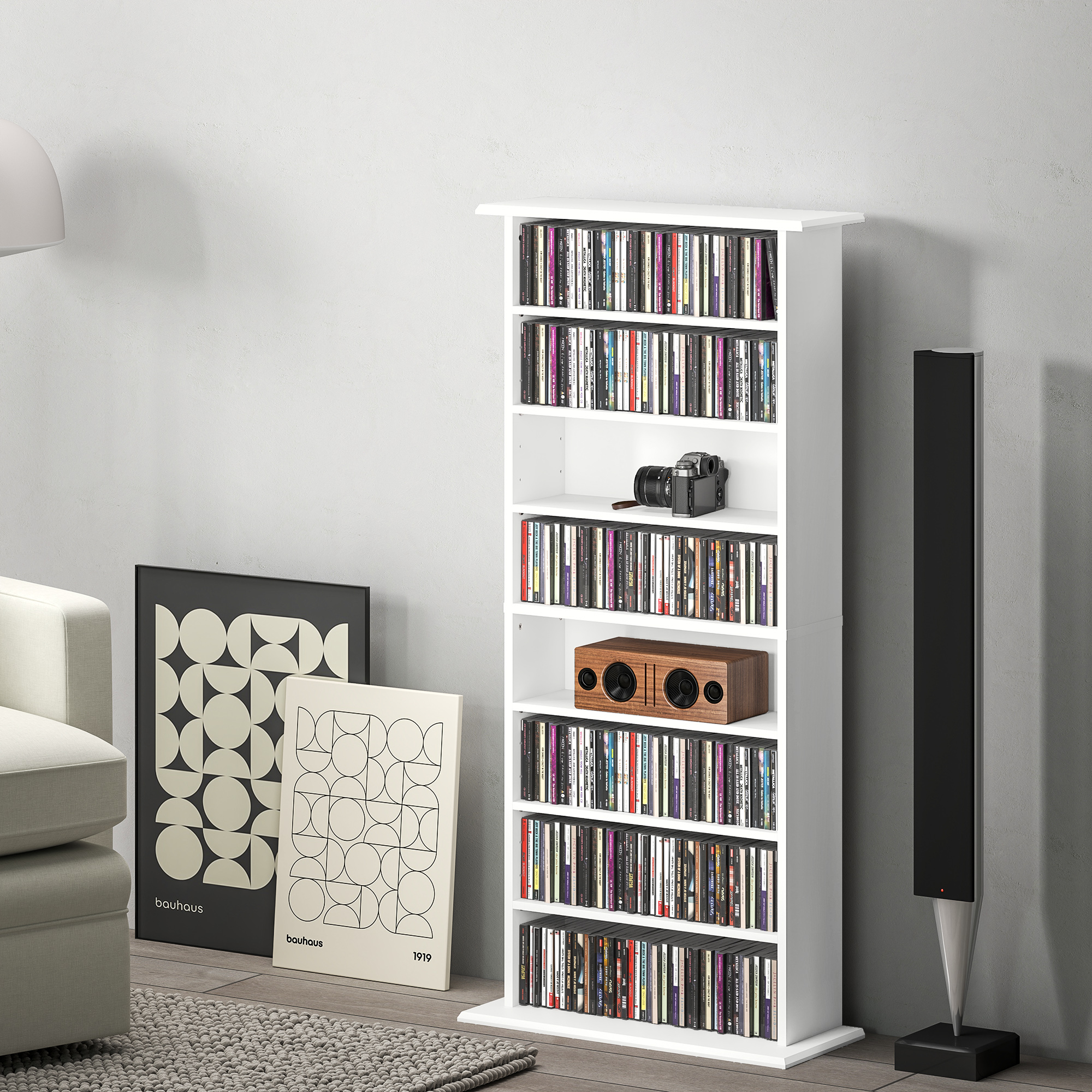 HOMCOM CD- und DVD-Aufbewahrung mit 8 Fächern und 6 verstellbaren Regalen, max. Kapazität 360 CDs/185 DVDs und Blu-ray, weiß