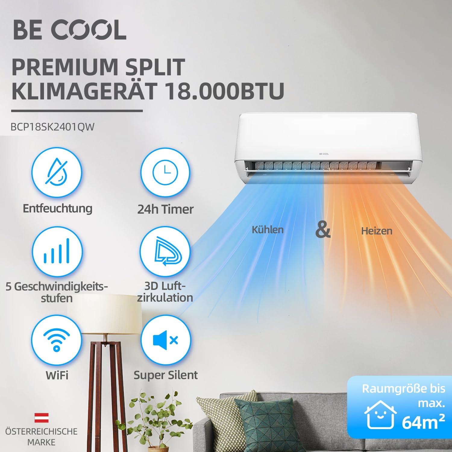 BE COOL Premium Split-Klimagerät 18.000 BTU mit Quick Connect – Kühlen: 5100 Watt/Heizen: 5100 Watt, EEK A++ / A+, max. 160 m³, 4m Quick Connector, WiFi, Fernbedienung, Premium-Funktionen – weiß