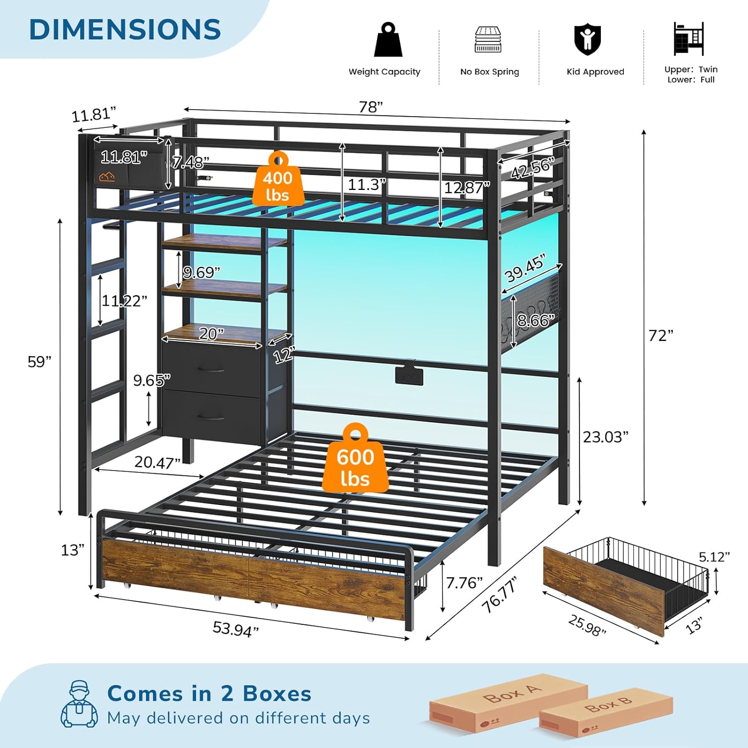 Twin Over Full Size Bunk Bed with 4 Storage Drawers and Bookshelf, Metal Bunk Beds with LED Lights, Charging Station, Loft Bunk Bed with Pegboard, Safety Guardrail and Ladders, for Kids, Teens, Adults