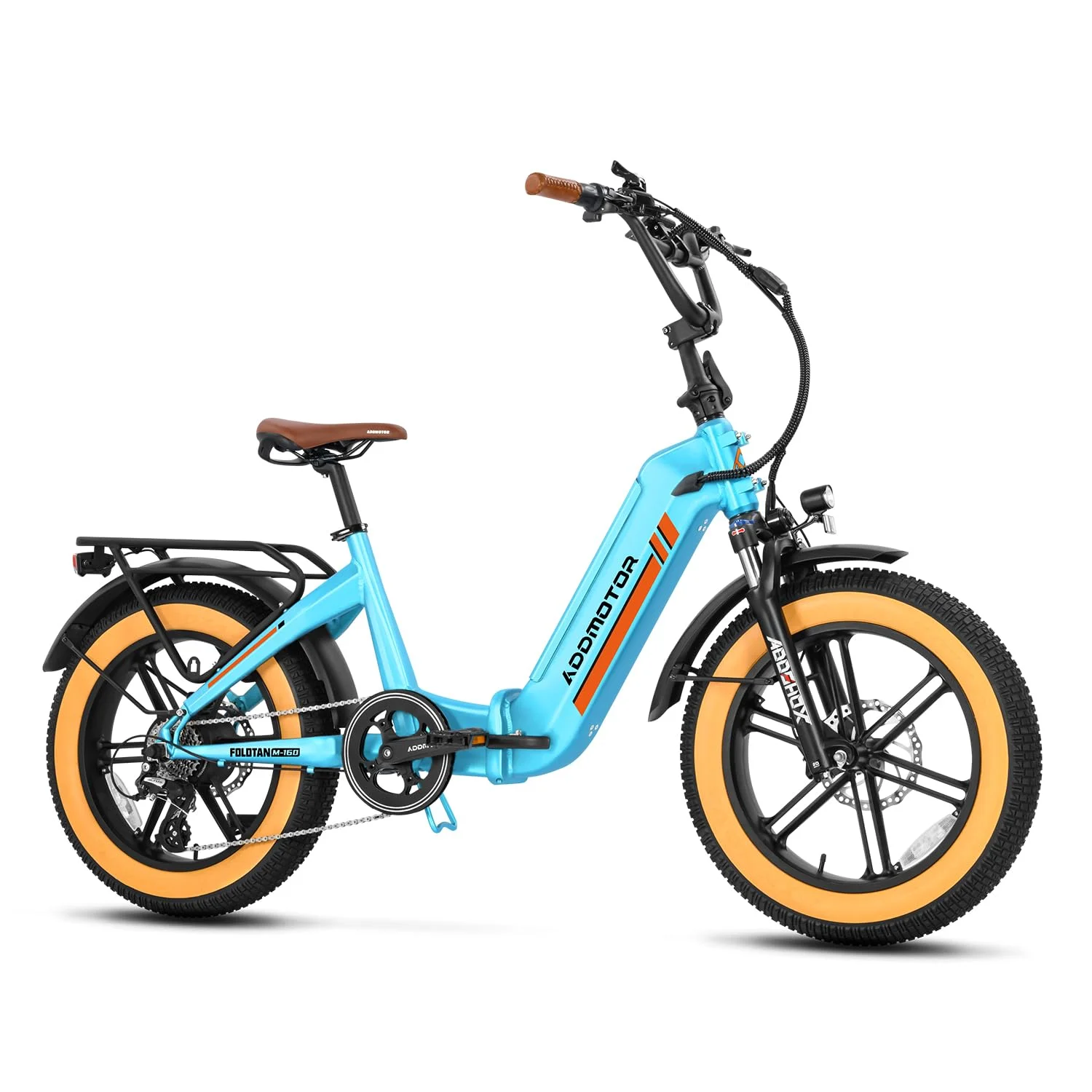 Addmotor M 160 750W Folding Electric Bike, 20&prime;&prime; Step Thru Fat Tire, 100 Mi Range, Torque Sensor, Hydraulic Brakes, Sky Blue