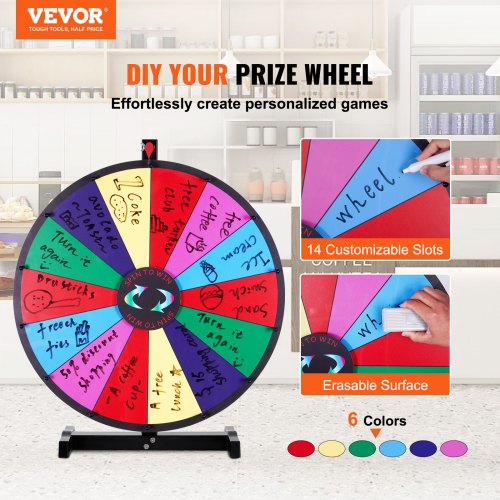 VEVOR 24 Zoll Großes Glücksrad, Tisch-Drehrad mit 14 Schlitzen, Roulette-Rad mit Trocken Abwischbarem Stift und 2 Markern, Gewinnen Sie Glücksradspiele bei Partys, Kneipen, Messen und Karnevalen