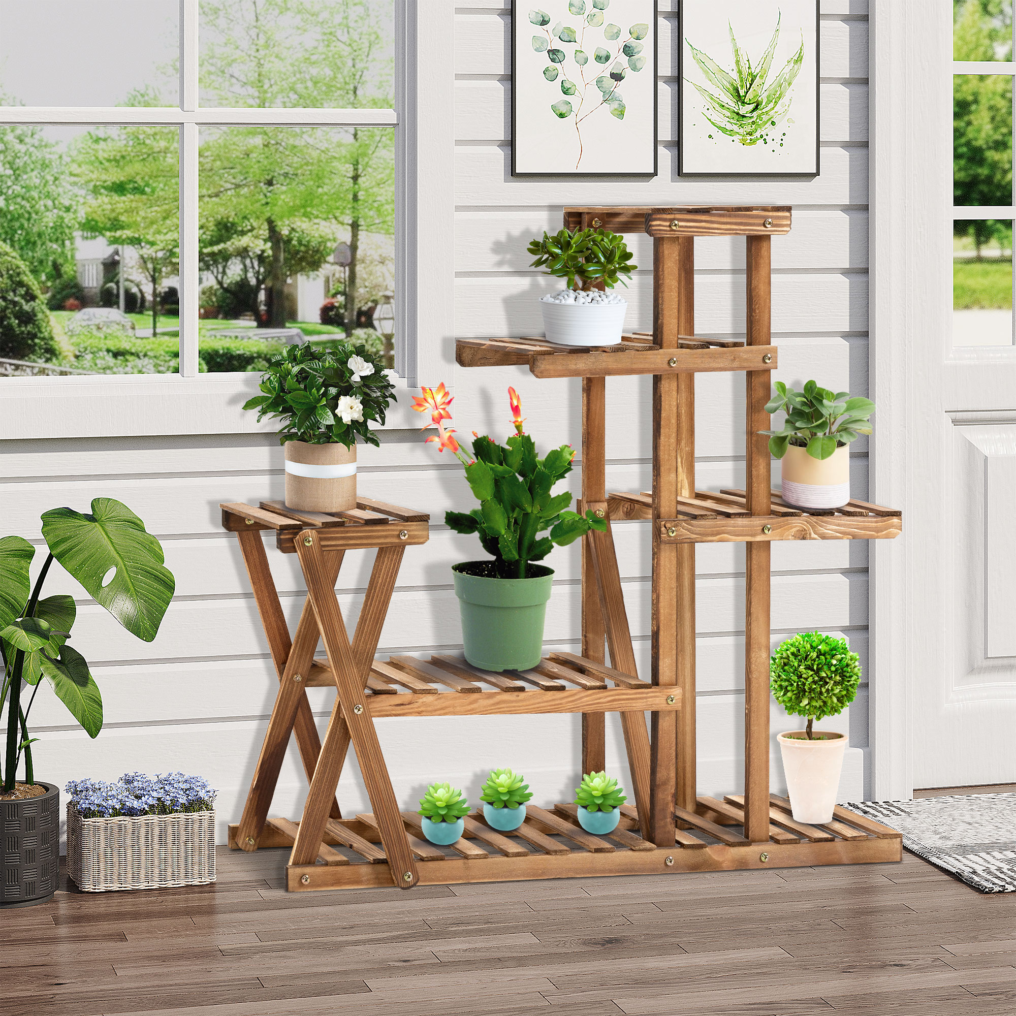 Outsunny Blumenregal aus Holz Pflanzenständer Blumenständer 6 Regale - Maße 98L x 28B x 95H cm - Verkohltes Kiefernholz für Innen Garten Terrasse Balkon