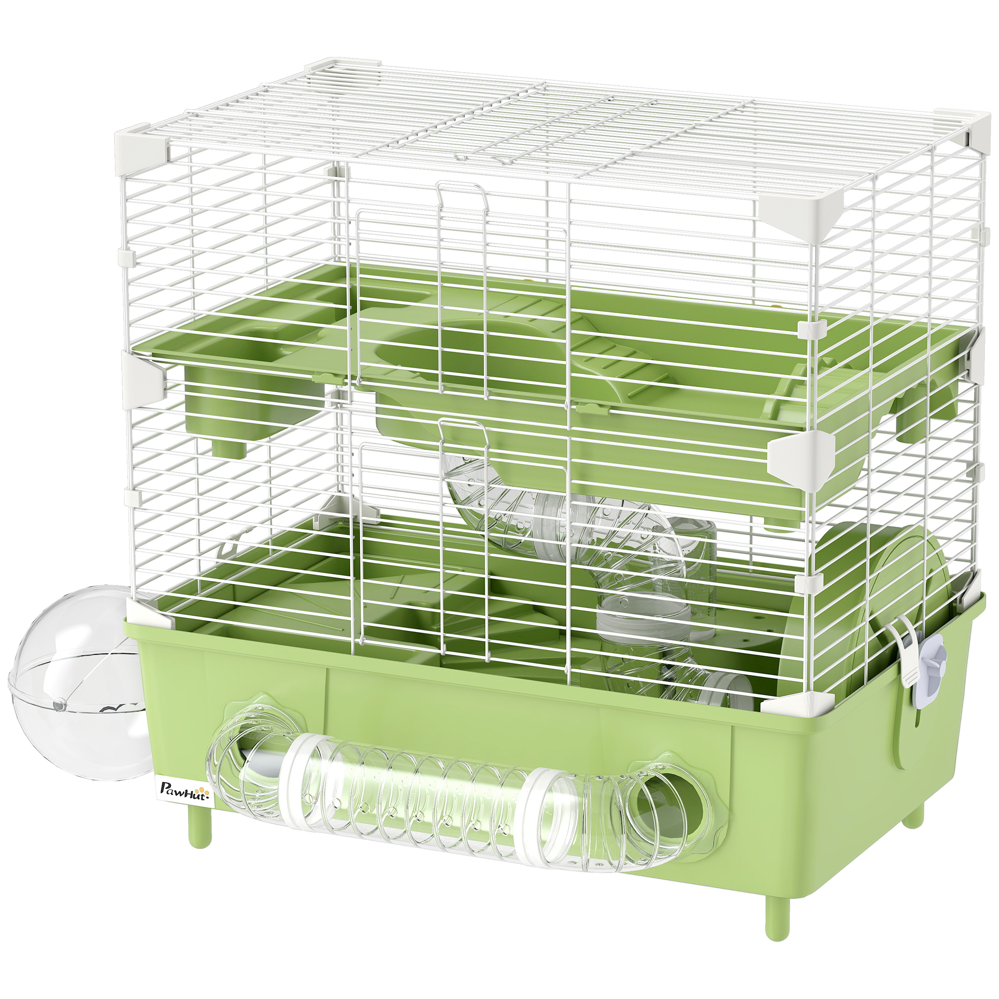 PawHut Hamsterkäfig auf 2 Ebenen und 3 Türen mit Laufrad und Röhren, aus Stahl, PS und PP, 44,5x28x44 cm, Grün und Weiß