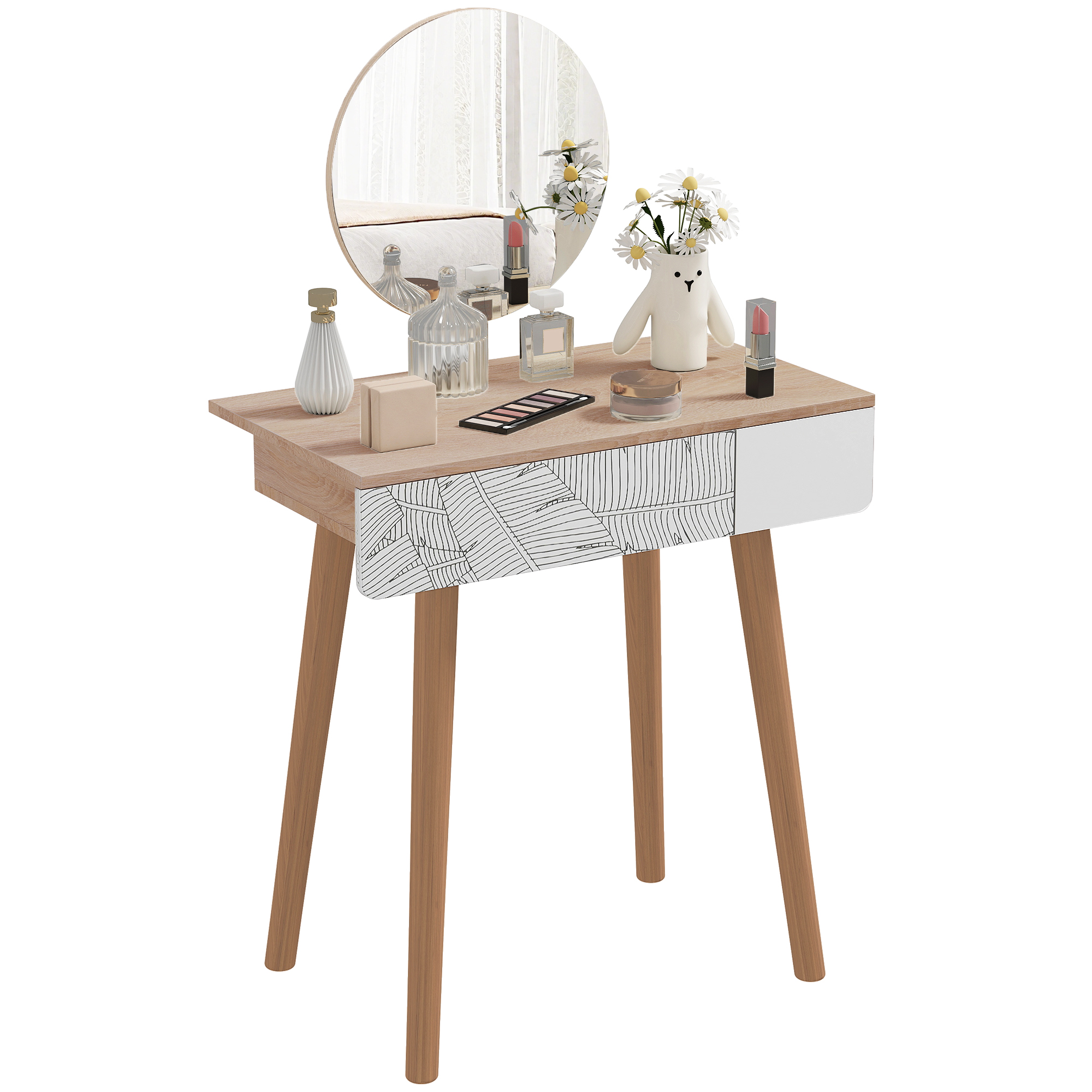 HOMCOM Schminktisch Kosmetiktisch mit Spiegel Frisierkommode Schmuck Schubladen Spanplatte Weiß+Eiche 70 x 39 x119-128 cm