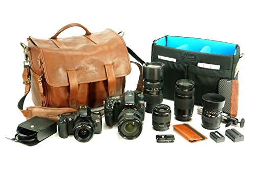Borsa per macchina fotografica DSLR reflex mirrorless PROFESSIONALE in pelle CUOIO TOSCANO FATTA A MANO IN ITALIA interno removibile piedini in metallo tracolla antiscivolo   4V DESIGN   MARRONE : Elettronica