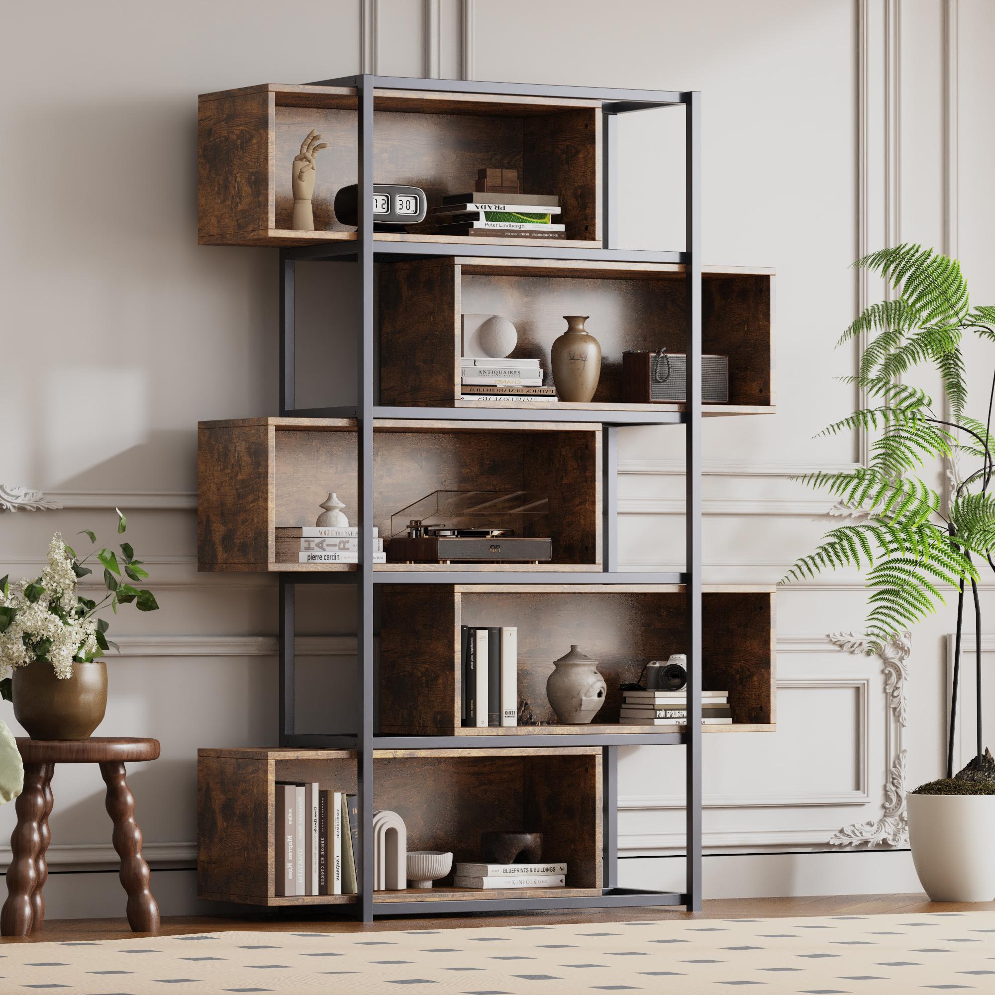 Bücherregal mit 5 Etagen, Holzmaserung und schwarzem Metallrohr, 121×35×176 cm, Schwarz+Braun