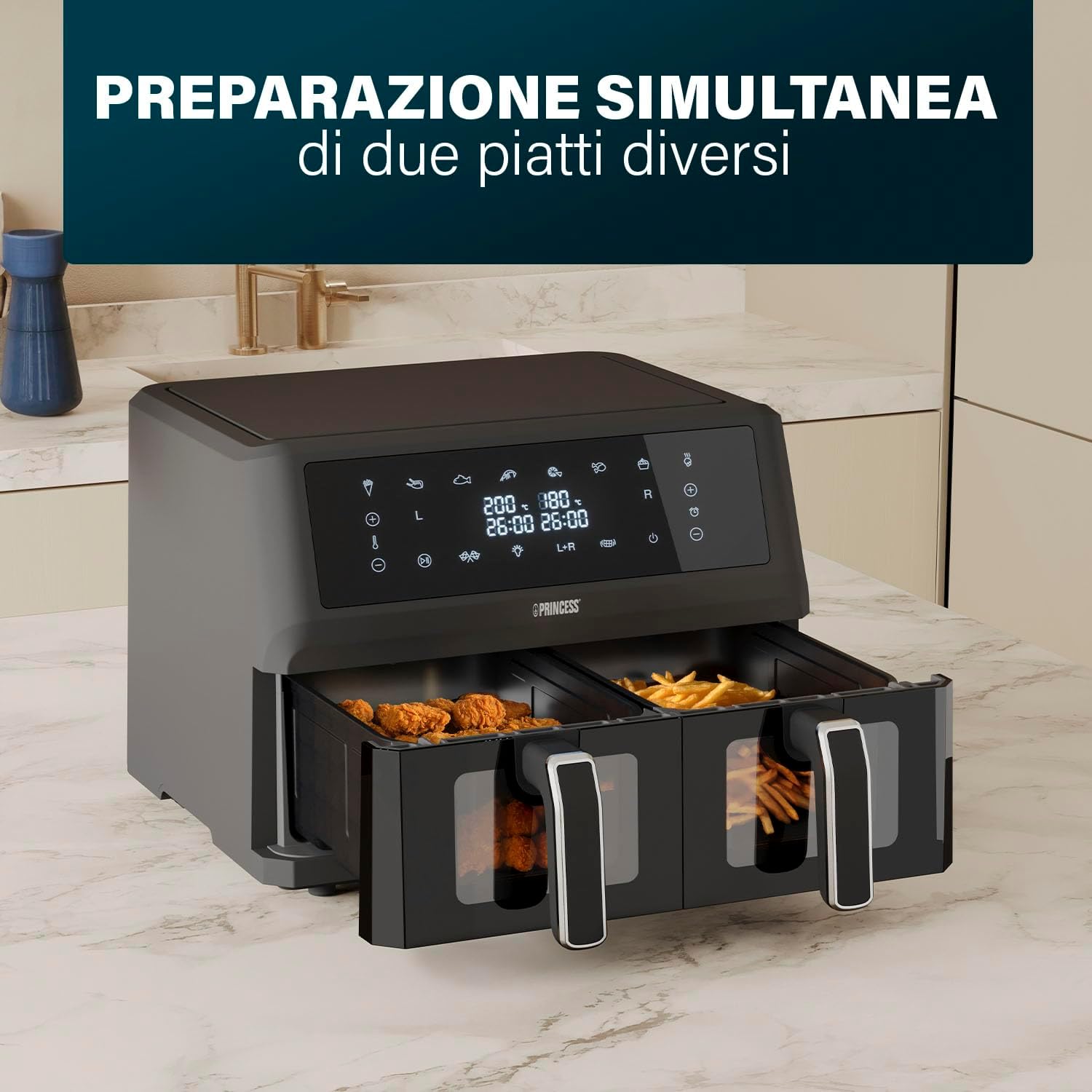 Princess XXL Friggitrice senza olio con doppio cestello - 11 L - Senza BPA e PFAS - Fine cottura sincronizzato - 8 programmi - Finestra di visualizzazione - 2400 W - 2x5,5 L - 182276