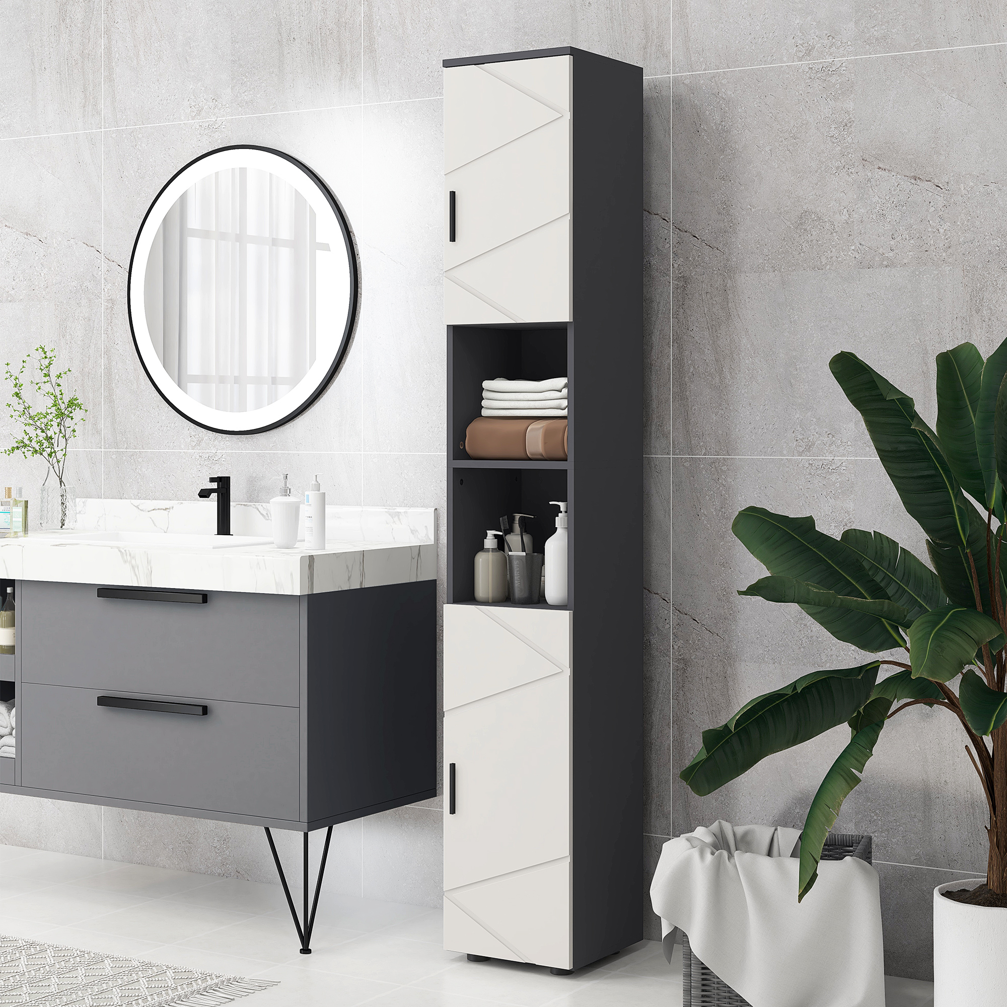 kleankin Badezimmerschrank, Badschrank, verstellbare Regale, Spanplatte, Hellgrau