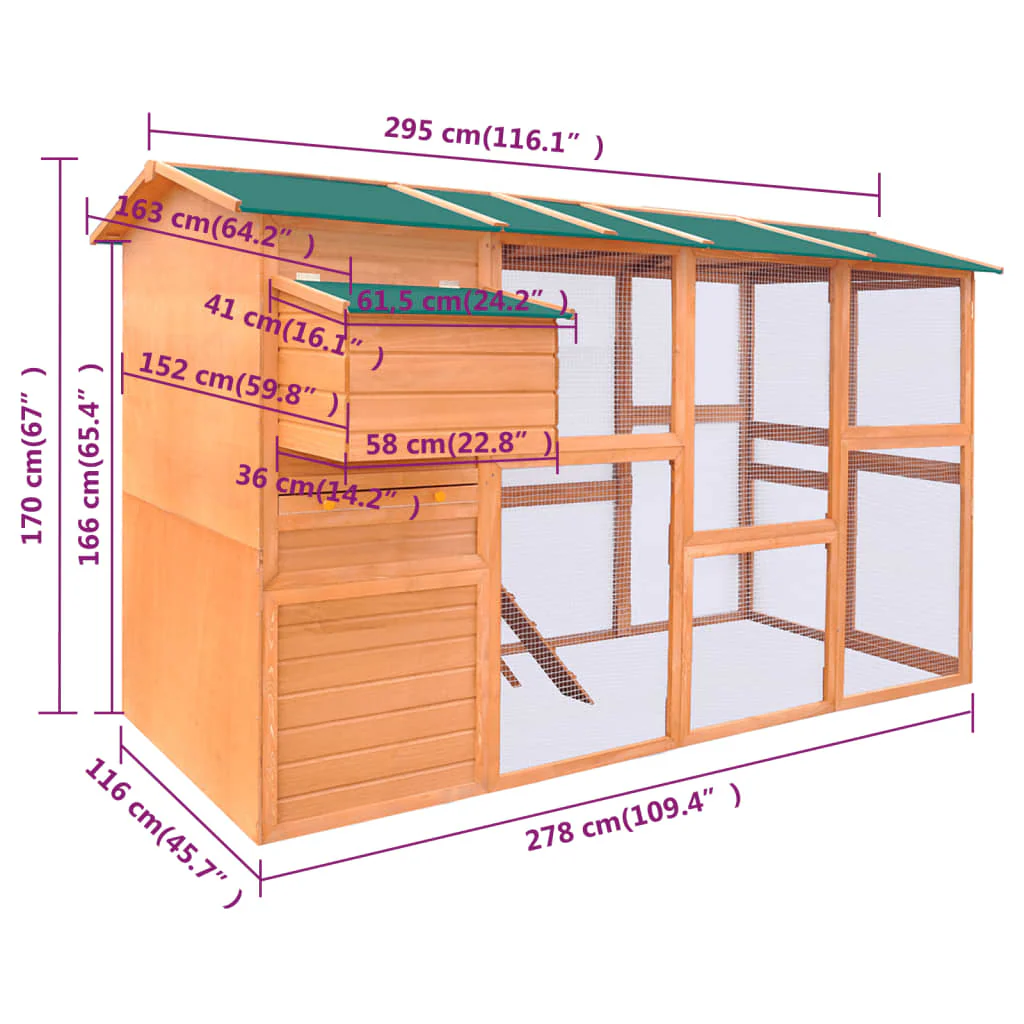2025 Houten kippenhok van dennenhout 295 x 163 x 170 cm met nestkast en ren