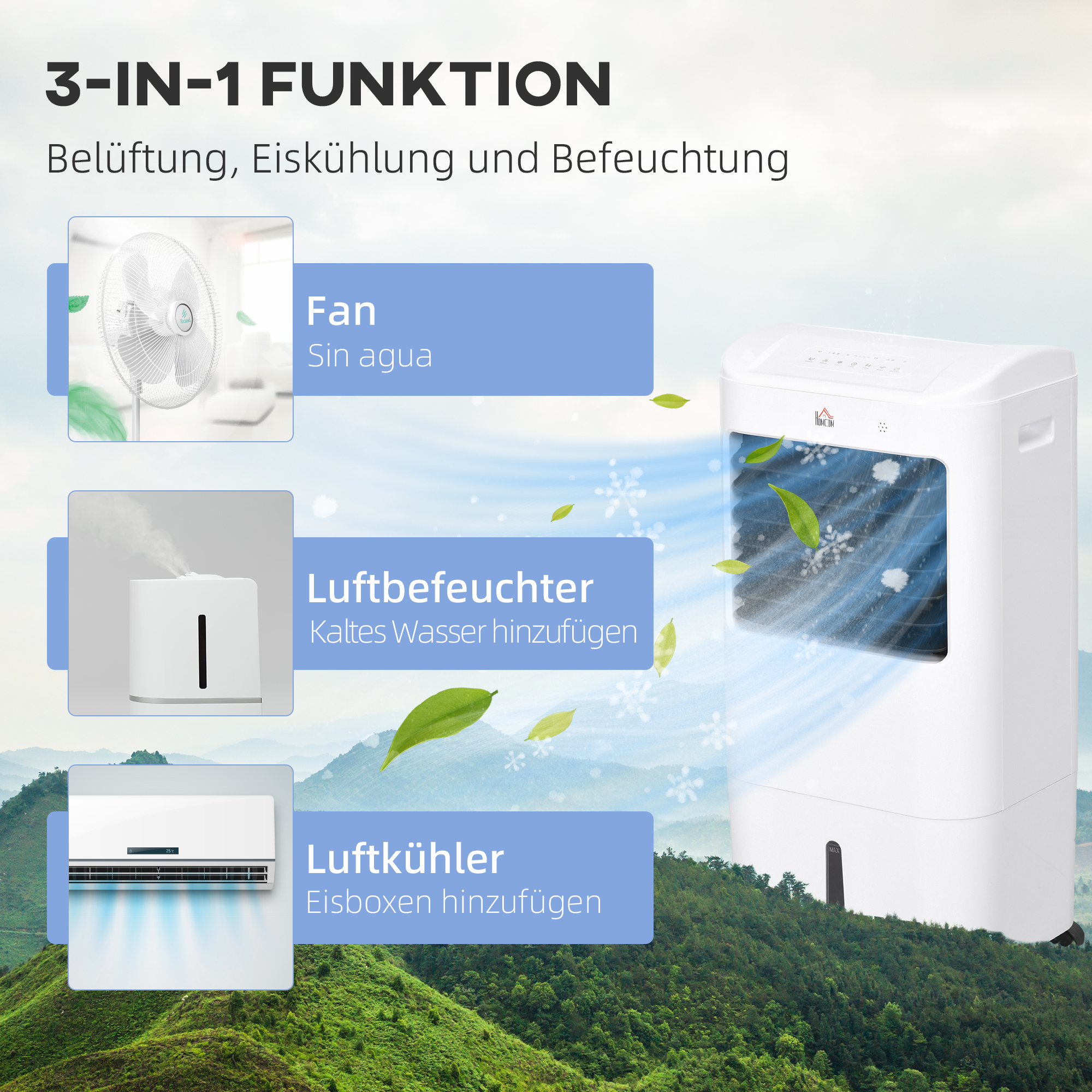 Mobiele Luchtkoeler/Airconditioner met 3 Modi, 7,5-uurs Timer, Verrijdbaar, Kunststof, Wit