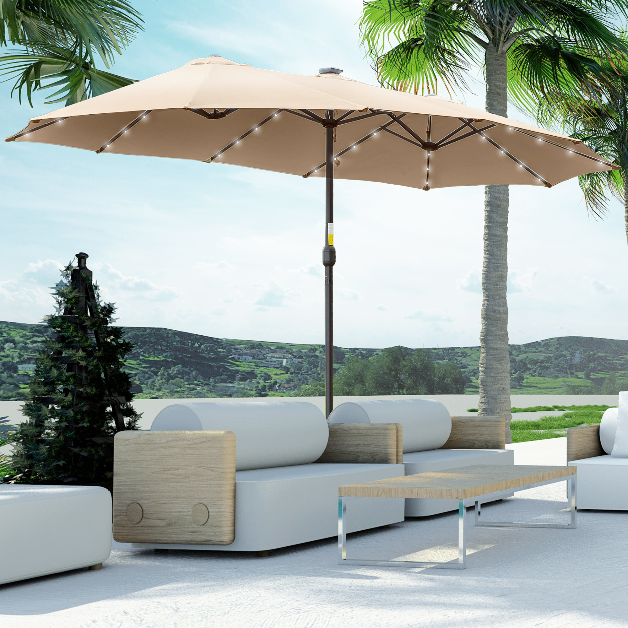 Outsunny Doppelschirm 4,5m mit 48 LED-Lichtern und Kurbel, Khaki