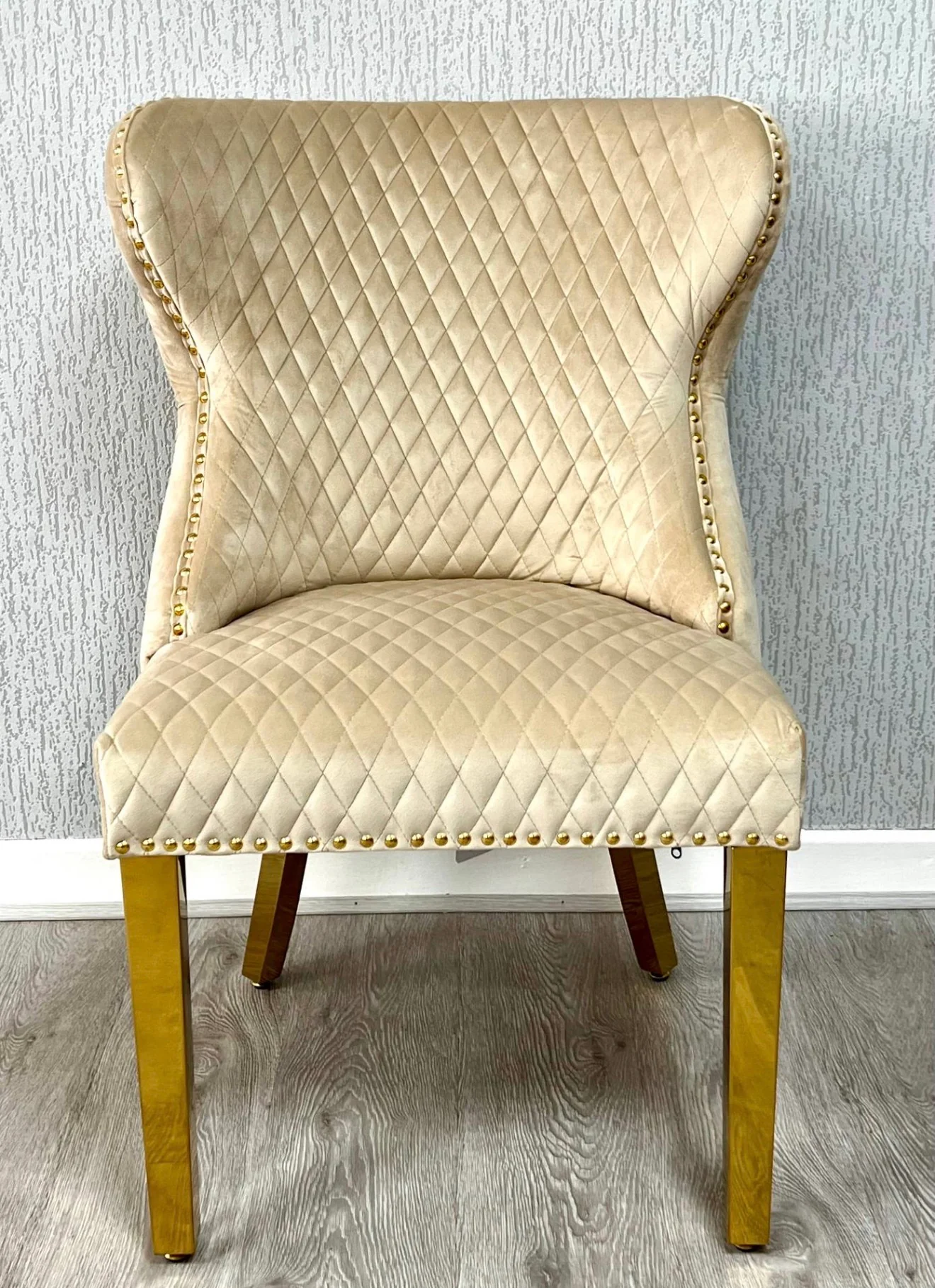 Pair of 2 Valentino Mink & Gold Dining Chairs Ring knocker