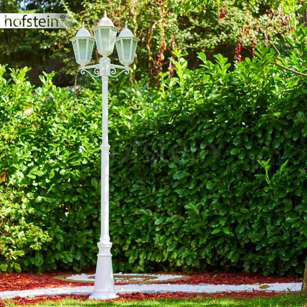 HOFSTEIN Kandelaber Hongkong, Außenwegeleuchte aus Metall/Milchglas in Weiß, Wegebeleuchtung 220 cm, 3 x E27, IP44, Wegeleuchte im Retro/Vintage-Design für Garten, Außenbereich, Hof