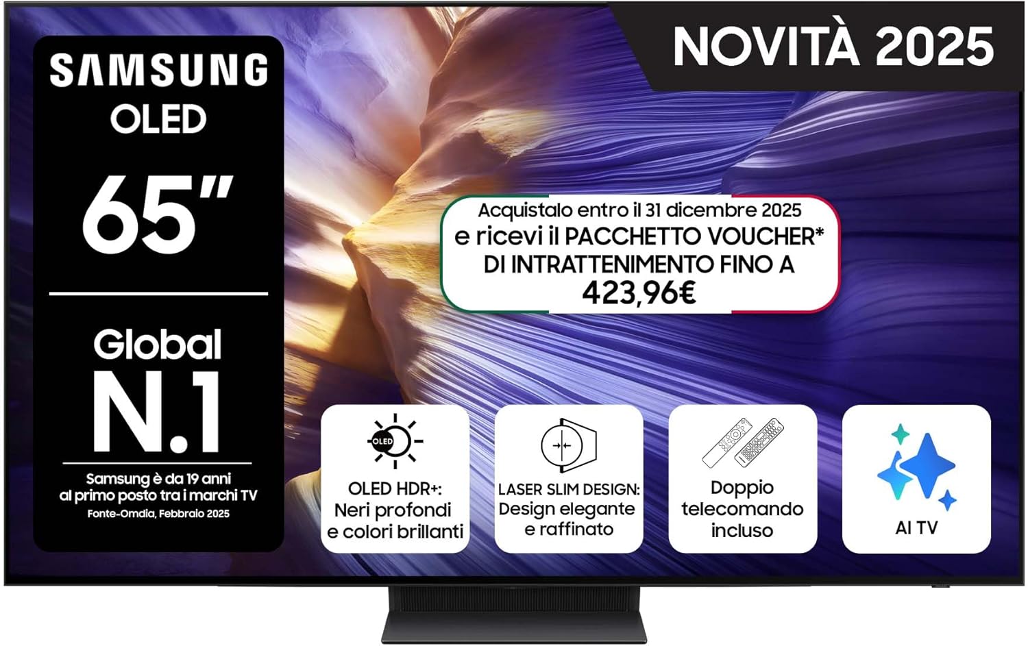 Smart TV 65'' QE65S94FATXZT OLED 4K, NQ4 AI Gen3 Processor, 4K AI Upscaling Pro, Motion Xcelerator 144Hz, Dolby Atmos & OTS Lite, LaserSlim Design, 2025