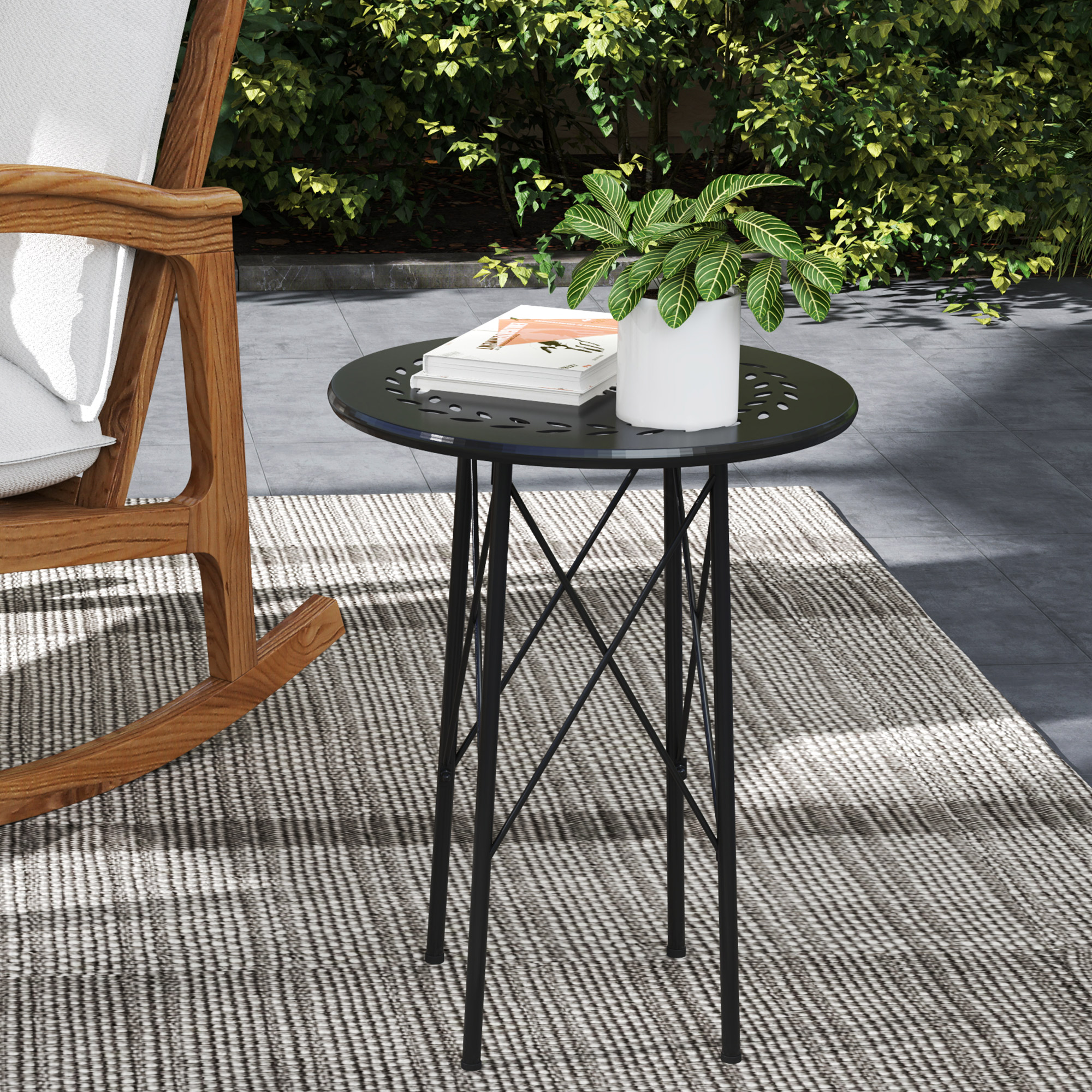 Outsunny Gartentisch, Runder Terrassentisch mit Blumenmuster, Stahl, Bistrotisch für drinnen und draußen, Schwarz