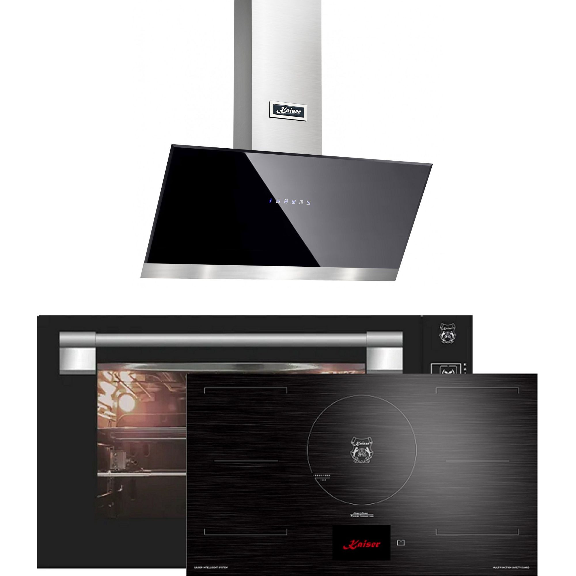 Backofen-Set Herd Set Autark Einbau Backofen 90 cm 105L Schwarzes Glas TouchControl mit Induktionskochfeld 90 cm TFT Display, FREE Zone+Dunstabzugshaube 90 cm, Schwarz Glas Edelstahl, 1250m³/h EH 9309+KCT 9140 FI+AT 9440