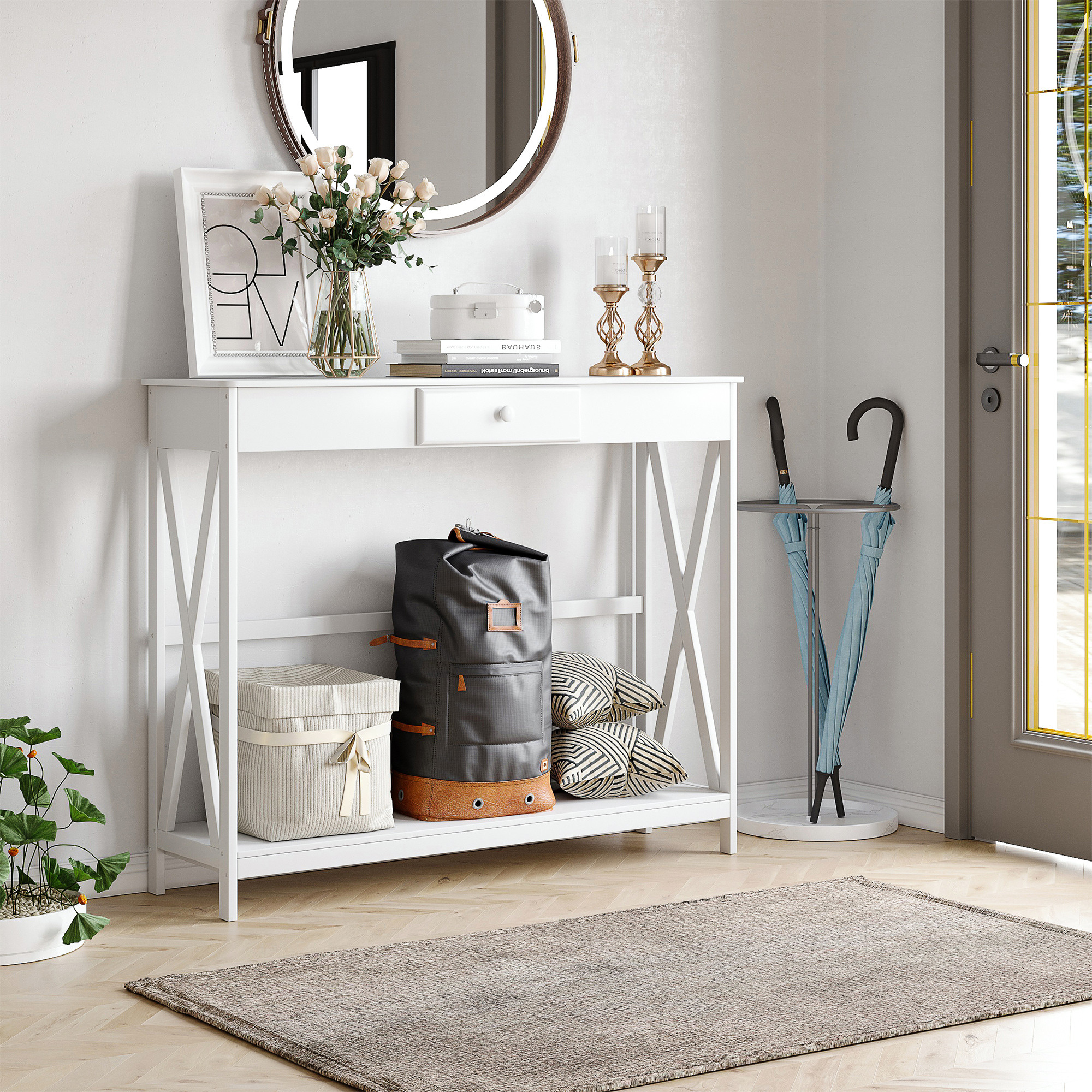 HOMCOM Konsolentisch Eingangstisch mit 1 Schublade + 1 Regal dim. 100L x 30B x 81H cm aus Holz Weiß