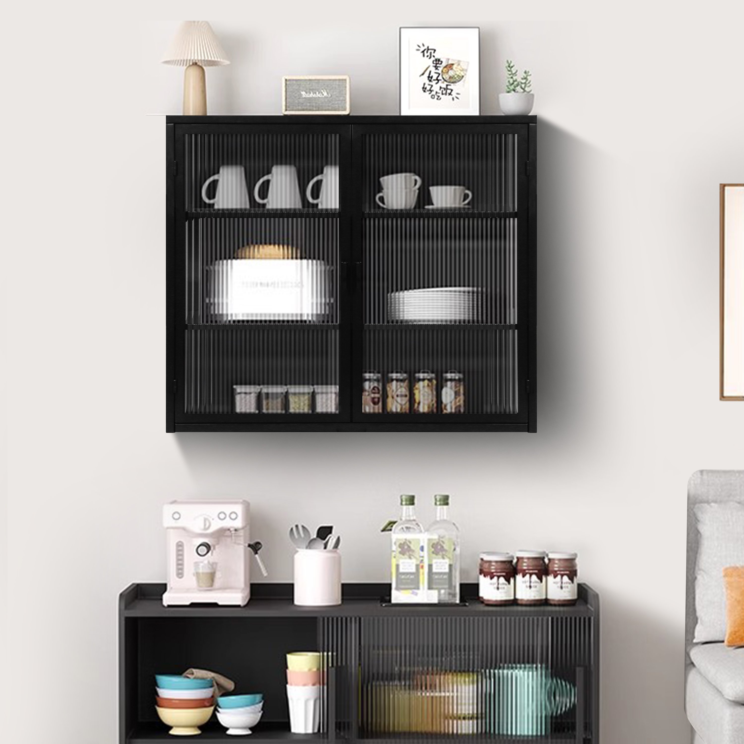 Badezimmerschrank hängend, Moderner Wandschrank 70x23x60 cm mit Glasfront und dreistufigen Regalen, Schwarz