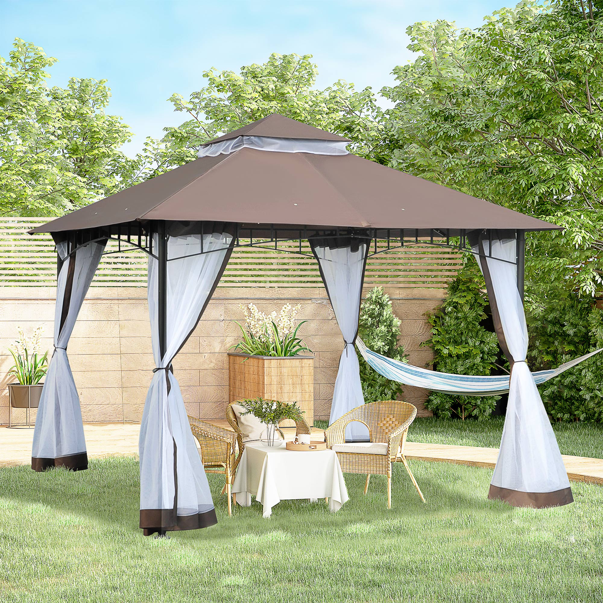 Outsunny Gartenpavillon Pavillon 3 x 3 Doppeldach mit abnehmbaren Moskitonetzen wasserdicht Braun und Weiß