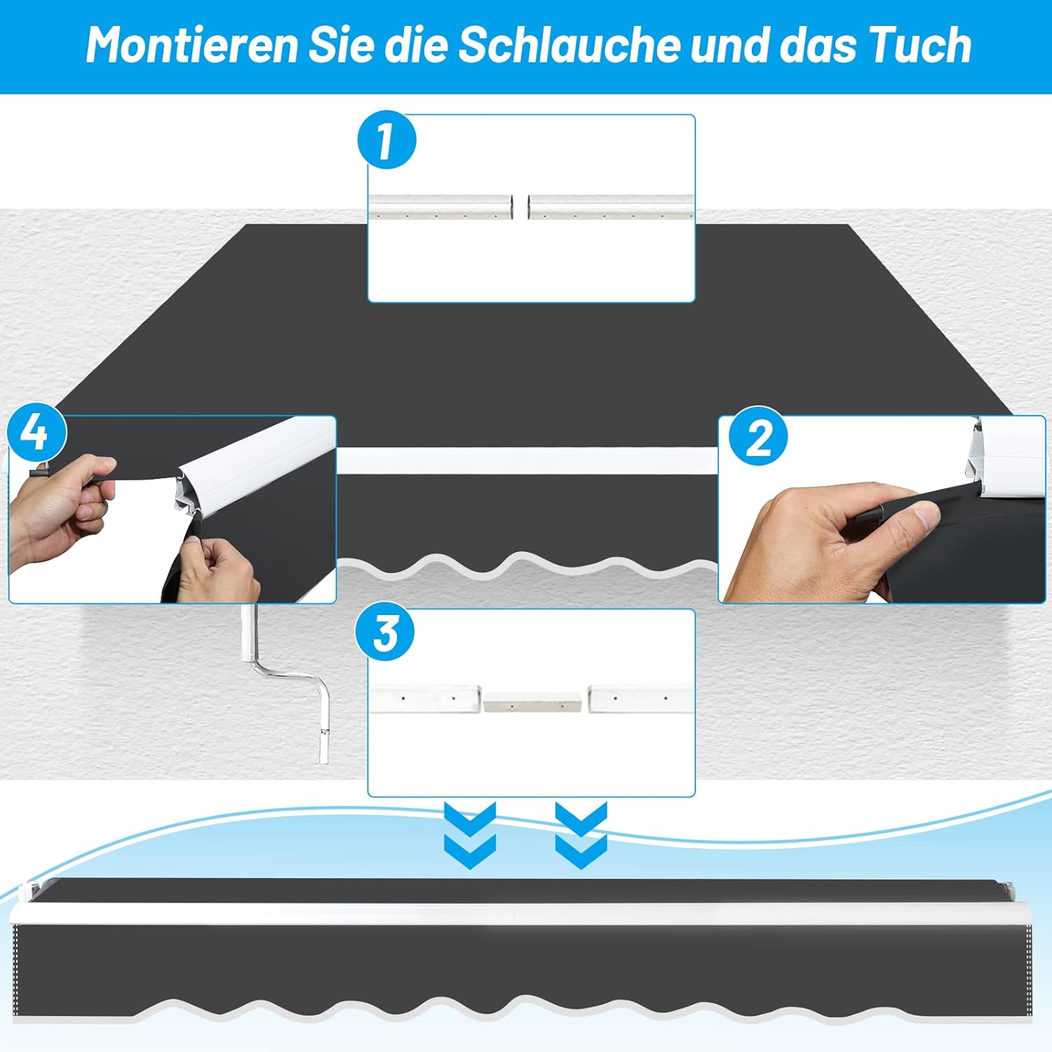 Gelenkarmmarkise Markise, 350x300cm Einziehbare Markise mit Handkurbel, Sonnenschutz Wasserschutz, Winkel einstellbar bis 30 Grad, Erfordert Montage inkl. Wandhalterung, Grau